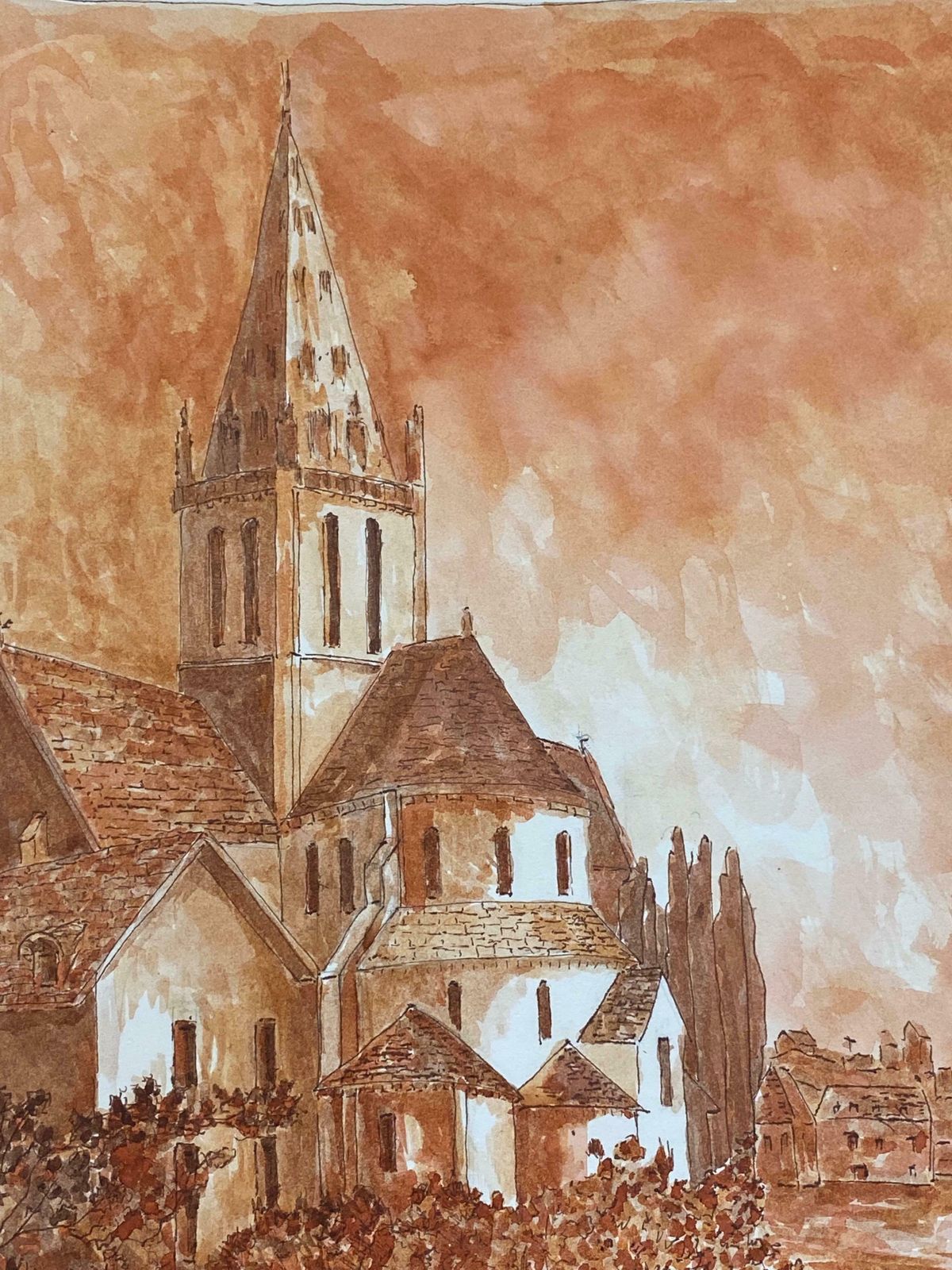 Bernard Labbe1950's French Modernist/ Cubist Painting   Orange French Landscape1950's