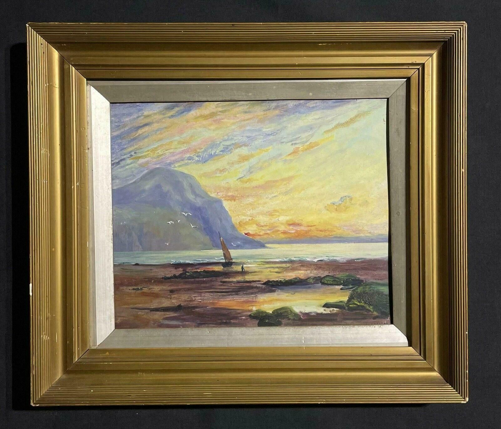 English Antiqueantique English Marine Oil Painting, Dated 1906, Sunset Rocky Coastline photo furniture