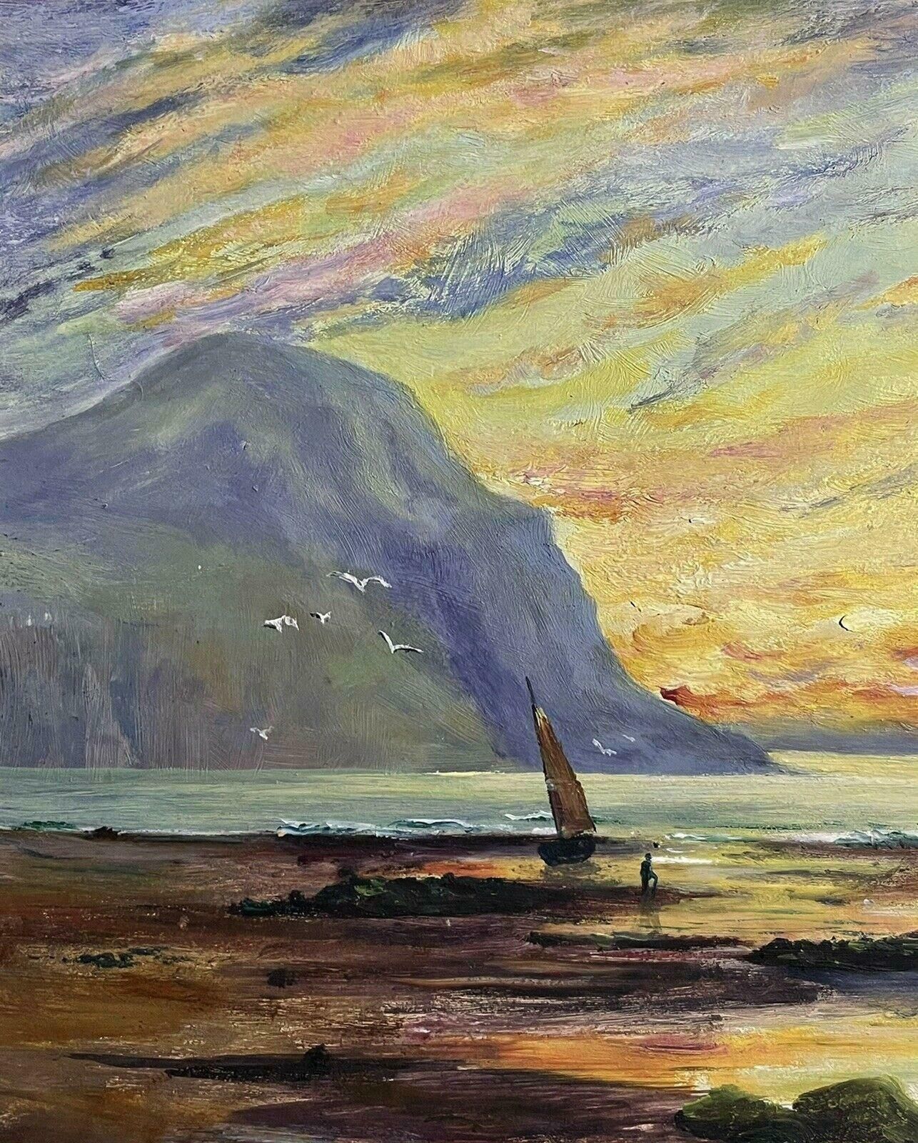 English Antiqueantique English Marine Oil Painting, Dated 1906, Sunset Rocky Coastline photo 1015.0