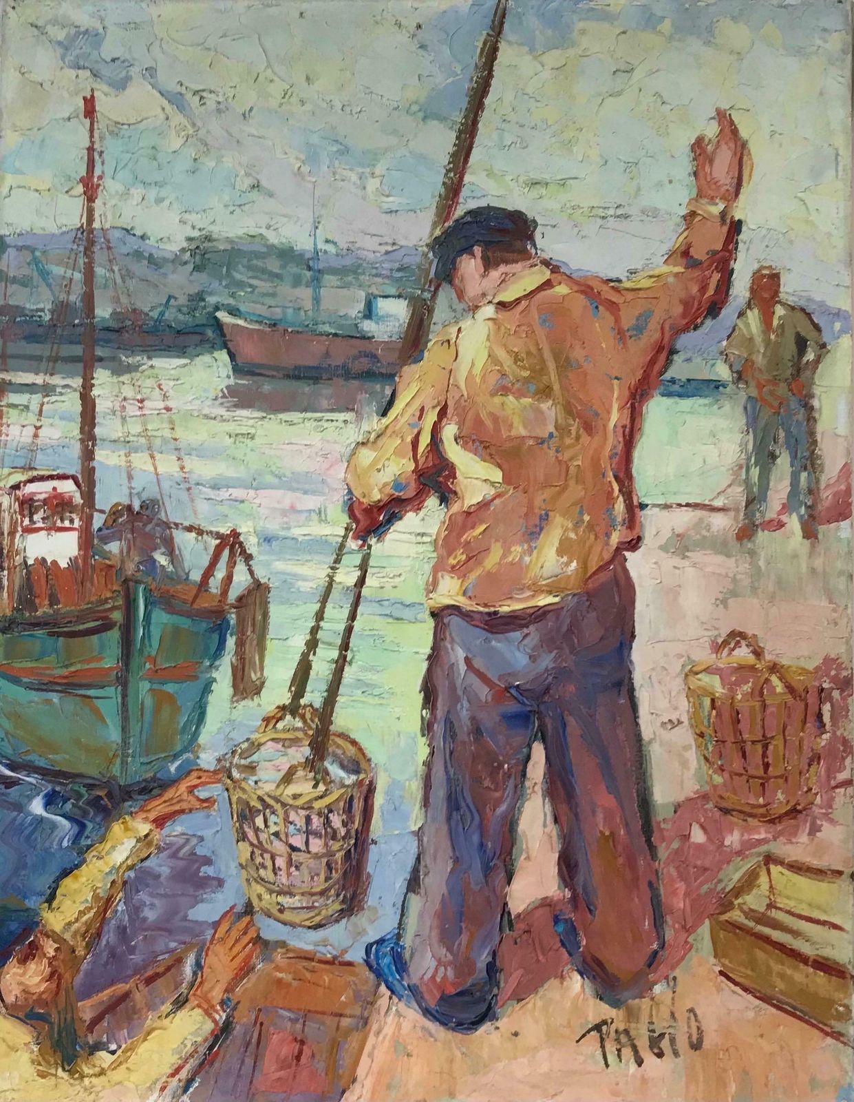 French Schoolsuper 1950's French Post Impressionist Signed Oil   Fishermen Marseille Harbour
