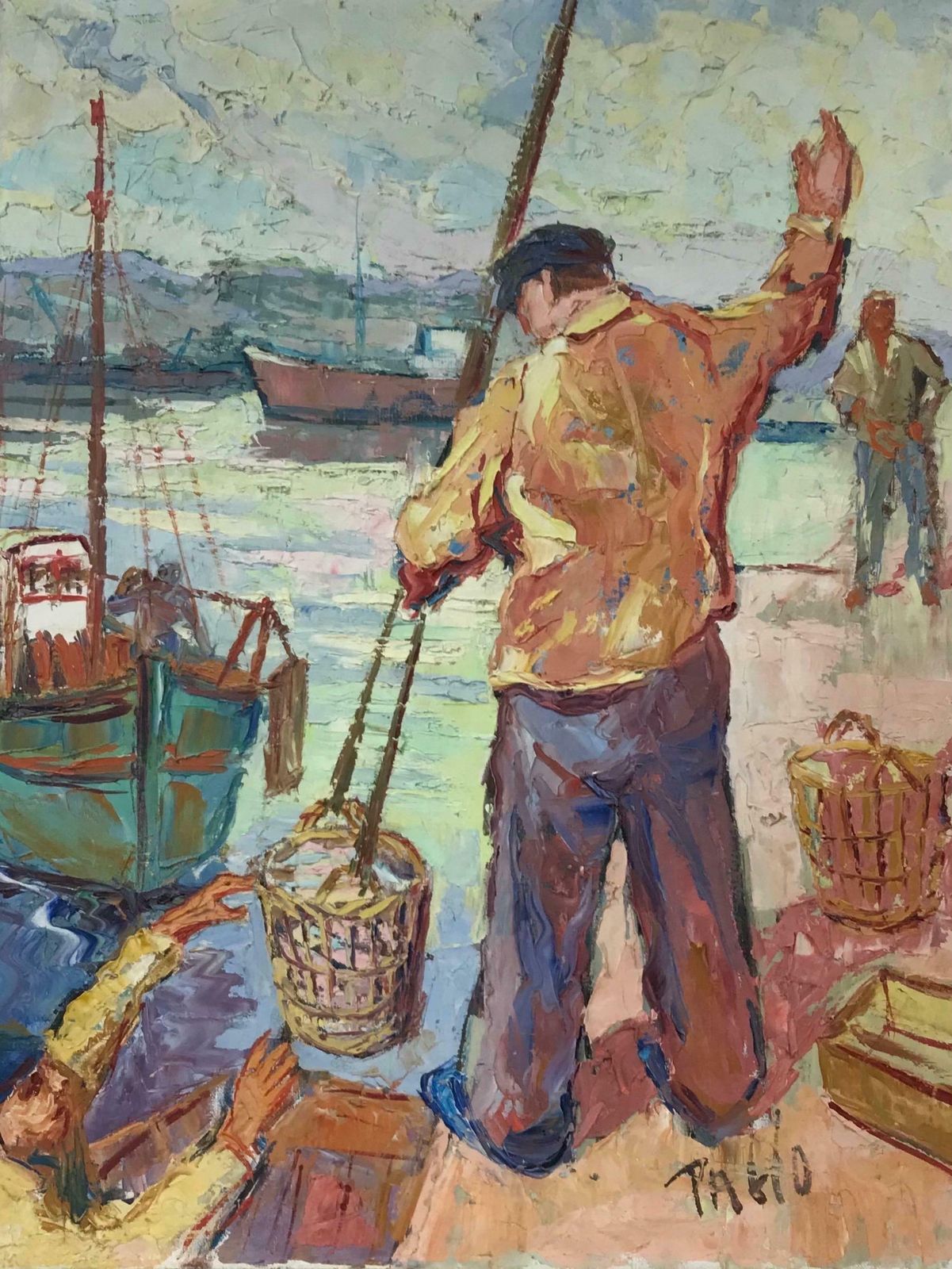 French Schoolsuper 1950's French Post Impressionist Signed Oil   Fishermen Marseille Harbour photo furniture