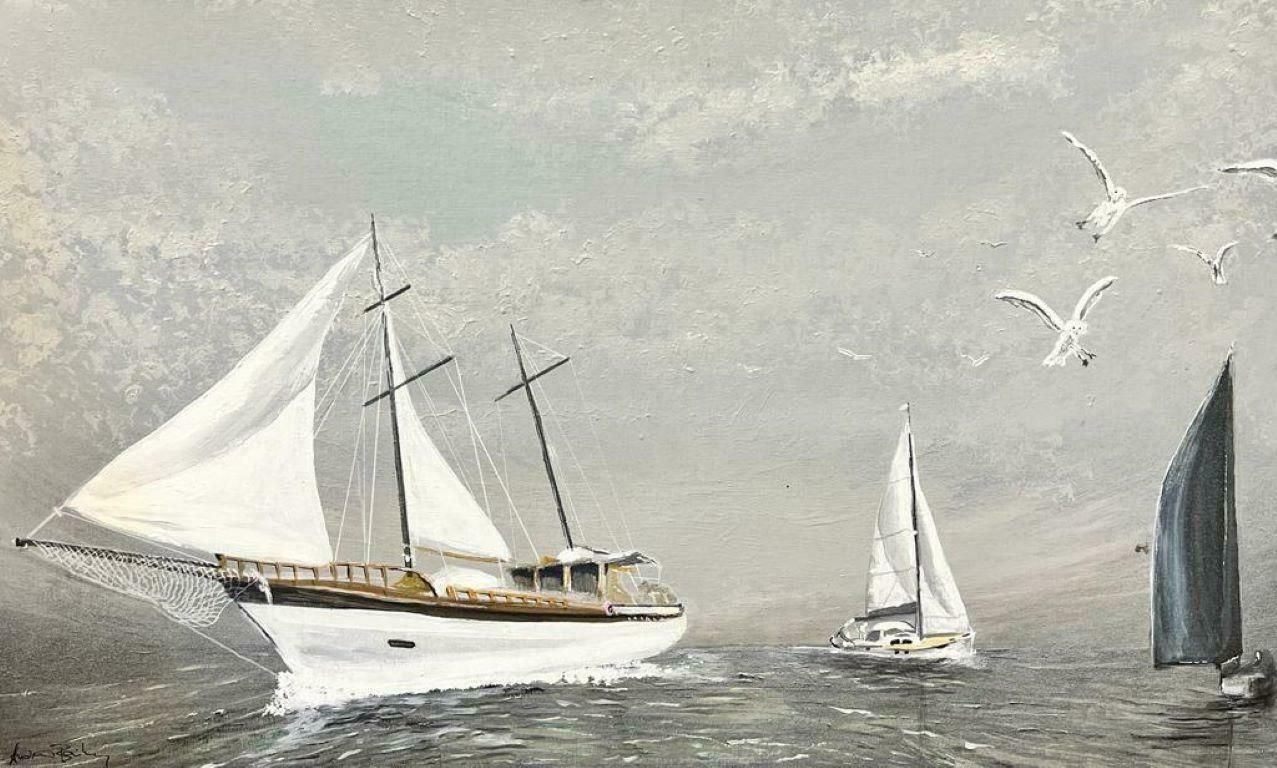 Contemporary British Classic Sailing Yachts Modern British Grey Boats At Sea Landscape