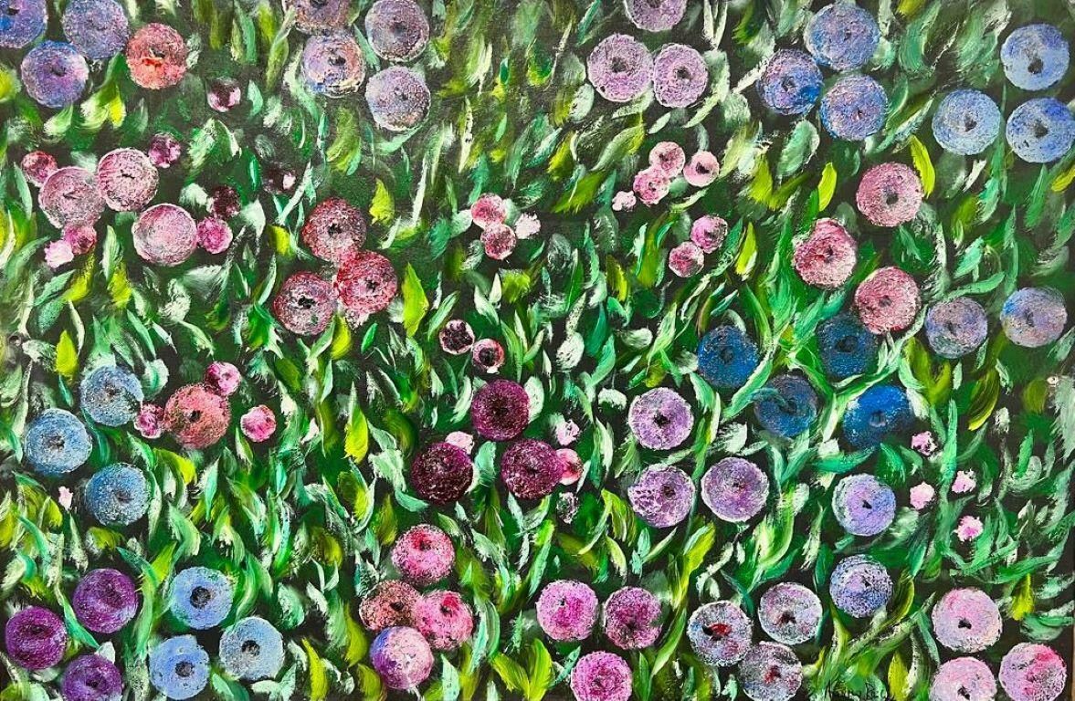 Contemporary British Colourful Modern British Round Bright Flower Bush Painting
