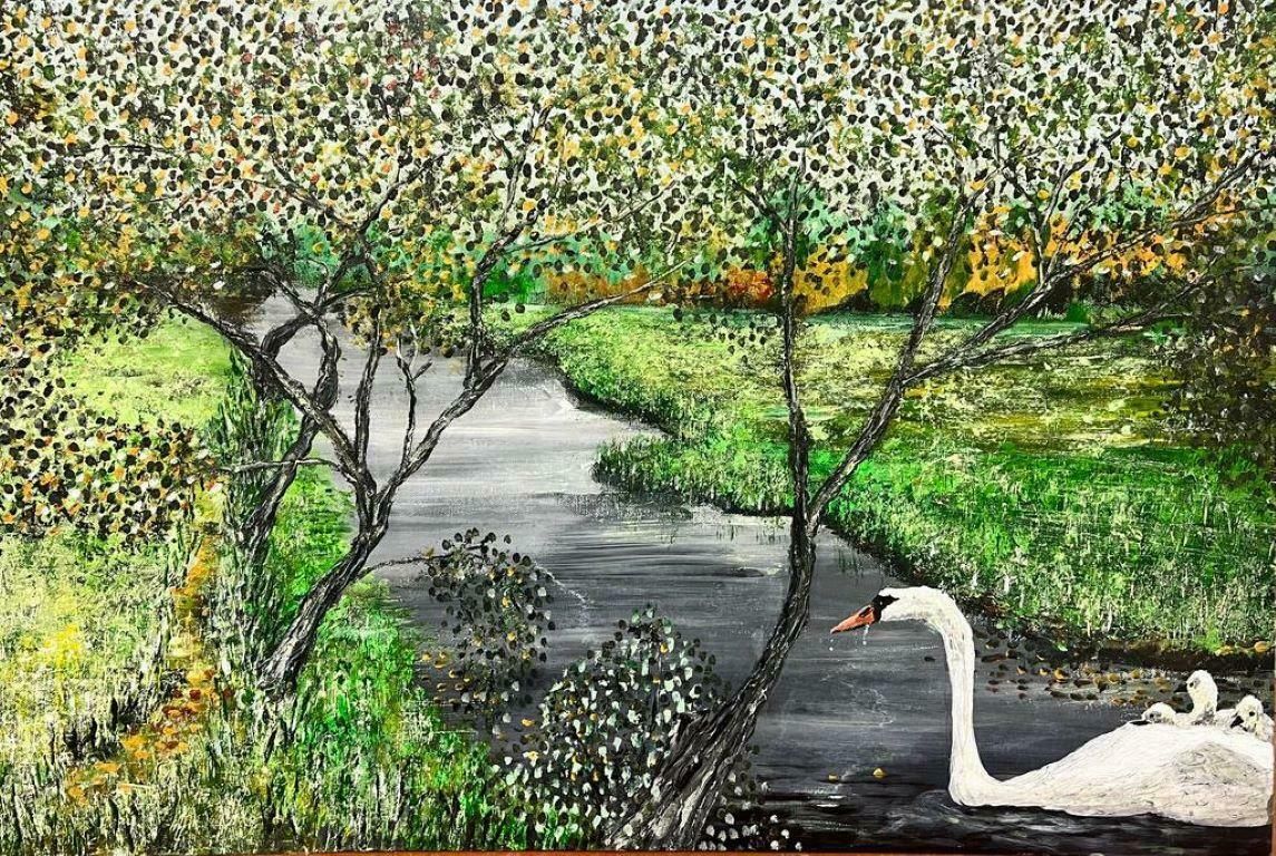 Contemporary British Symbolist Modern British Painting River Landscape With Swan On Water Under Trees