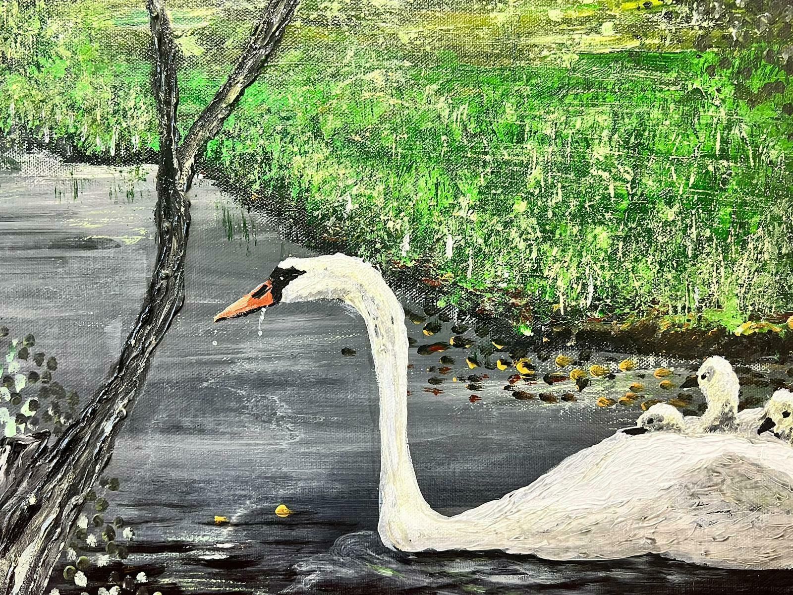 Contemporary British Symbolist Modern British Painting River Landscape With Swan On Water Under Trees photo furniture