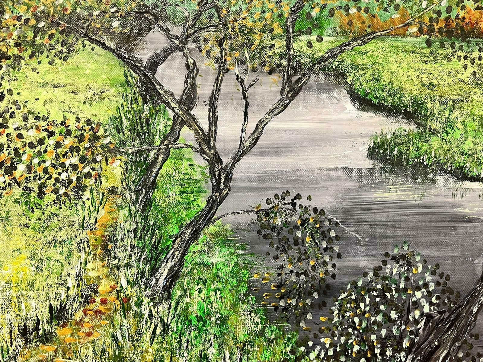 Contemporary British Symbolist Modern British Painting River Landscape With Swan On Water Under Trees photo for sale