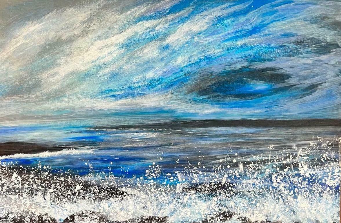Contemporary British Swirling Clouds Foaming Seas Colourful Modern British Bright Blue Sea Abstract