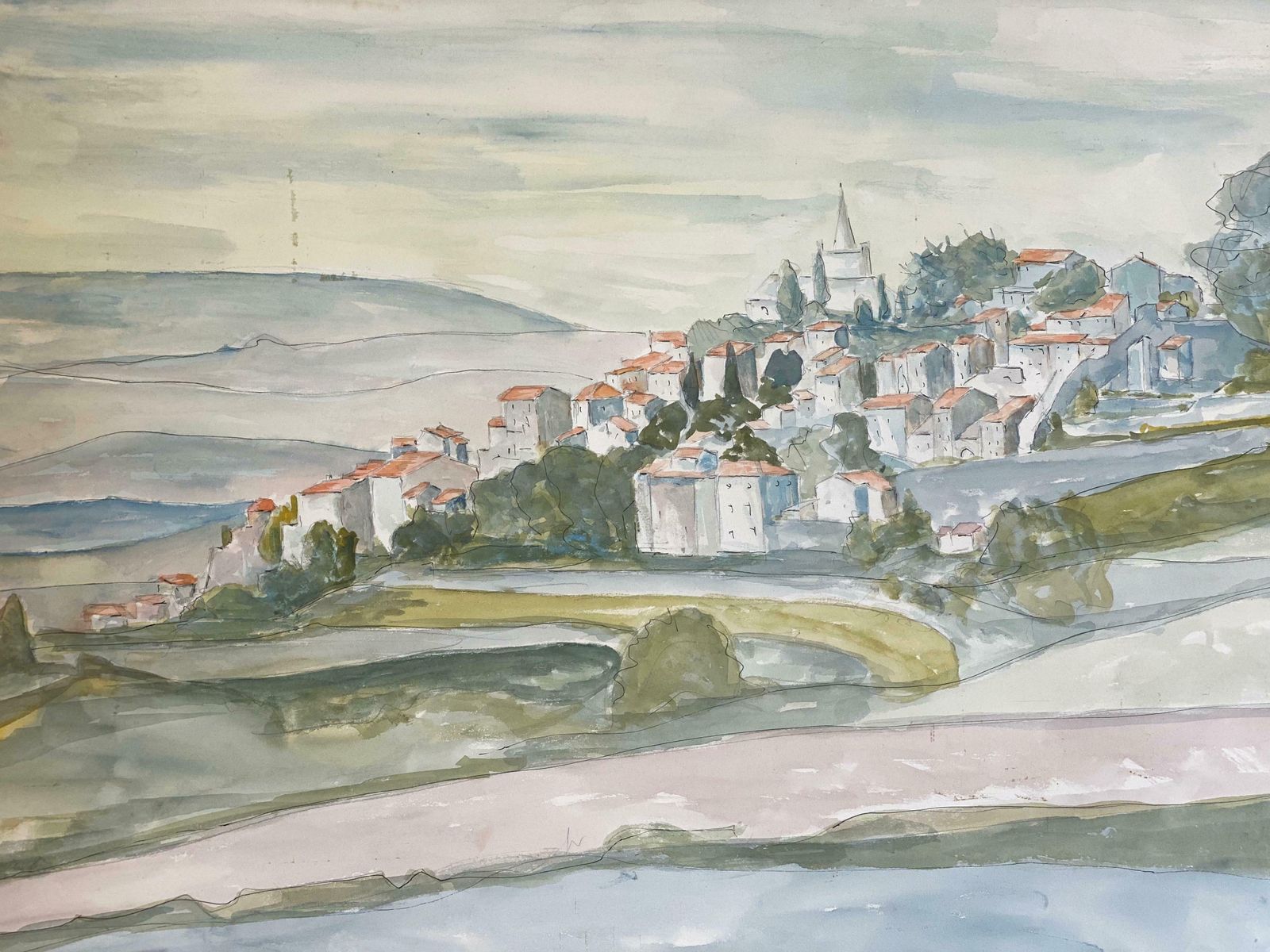 Bernard Labbe1950's French Modernist/ Cubist Painting   Soft French Landscape1950's