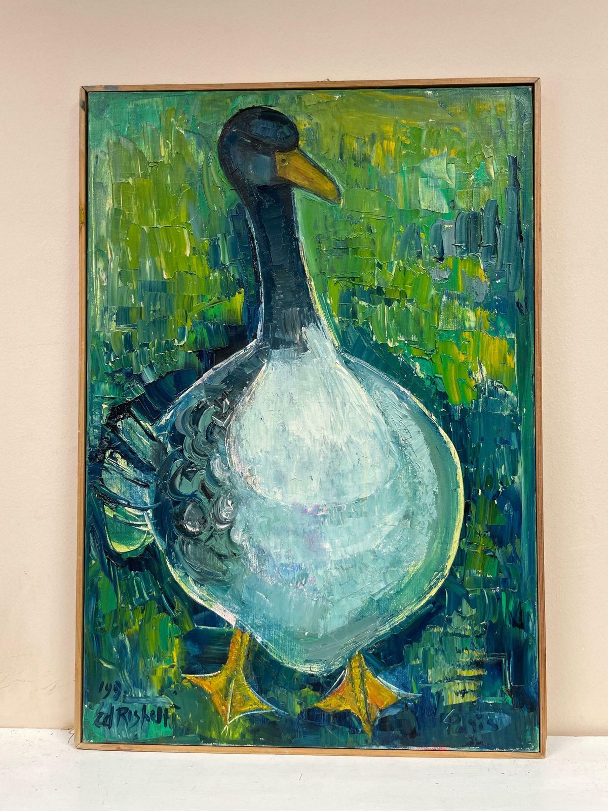 édouard Righetti (1924 2001)original French Mid Century Oil   Vibrant Greens & Blue Duck Portrait1950's photo for sale