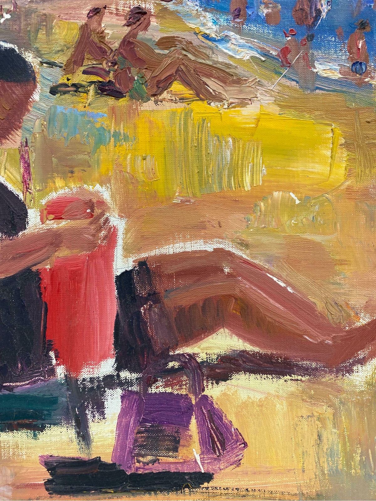 édouard Righetti (1924 2001)original French Mid Century Oil   Bright & Vibrant Sunbathing Beach Portrait1950's photo vinterior