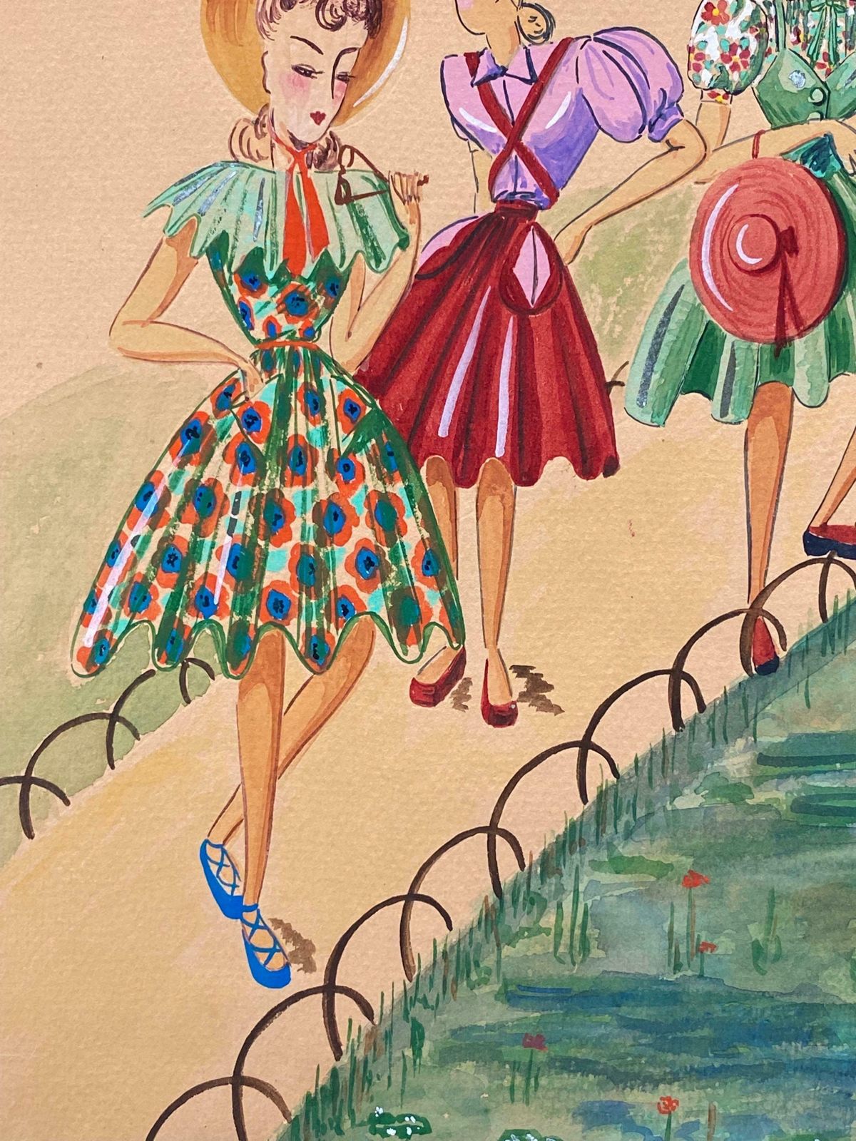 Geneviève Thomas1940's Fashion Illustration   Three Elegant Women Walking Through The Parkc. 1940's photo for sale