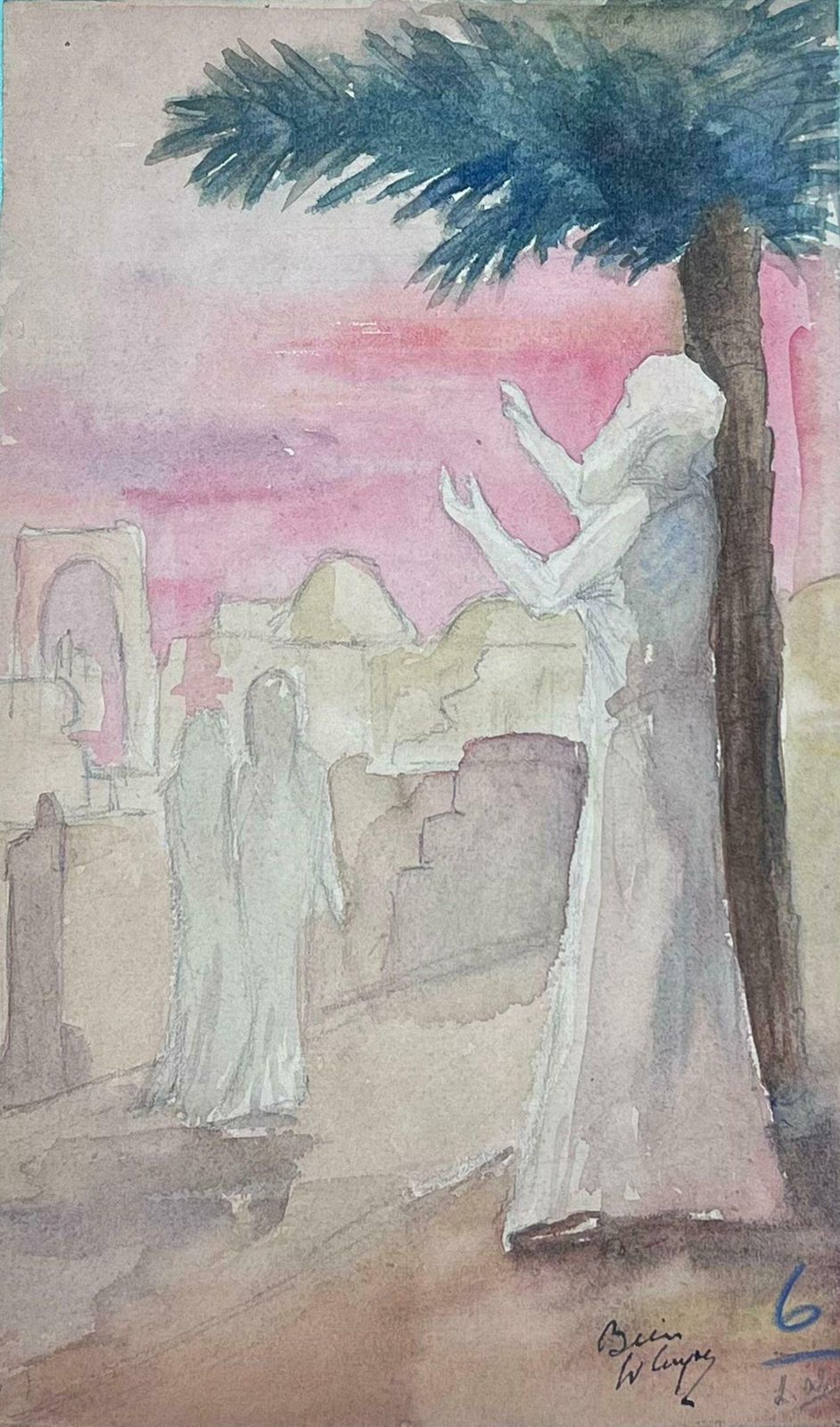 Louise Alix1930's French Impressionist Figure Praying To The Sky Under Palm Tree1930's