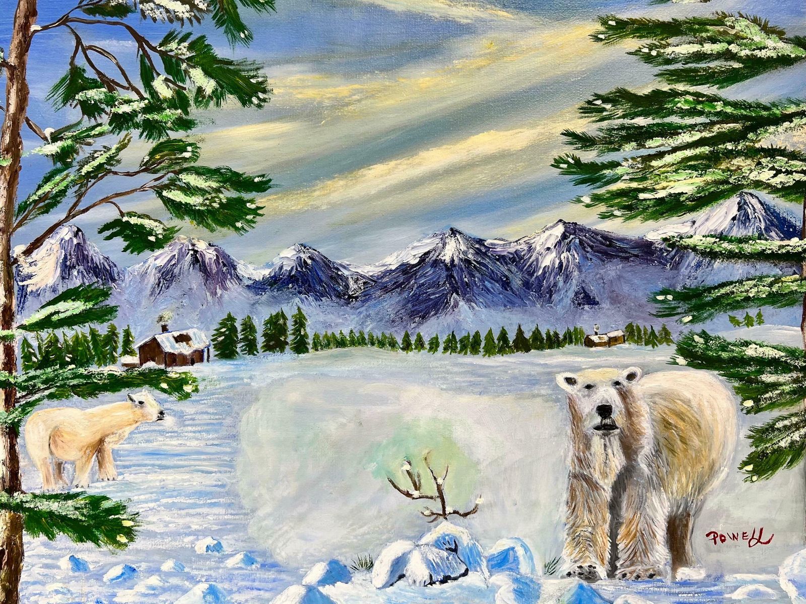 Ben Powellnaive British Contemporary Painting Two Polar Bears In Winter Landscape photo furniture