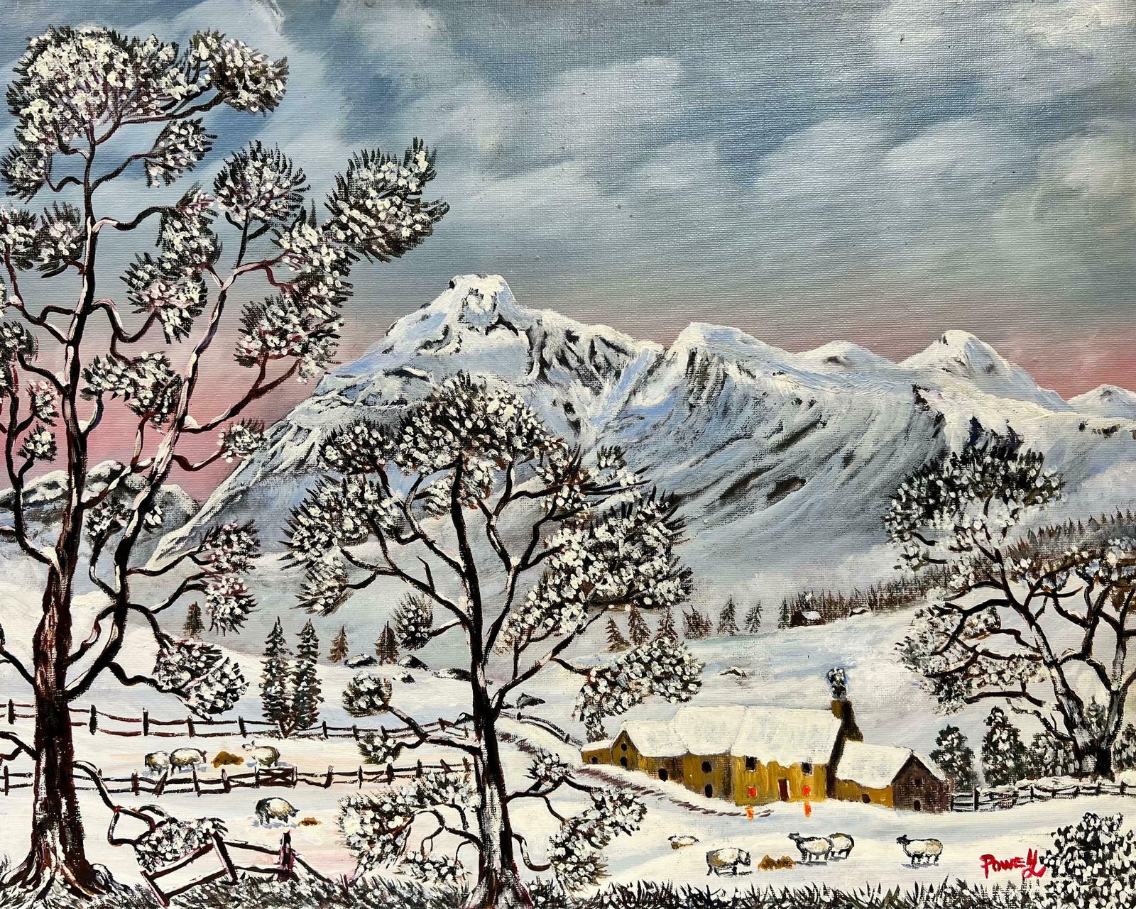 Ben Powellwelsh Winter Landscape Sheep In Valley Covered In Snow Original British Oil