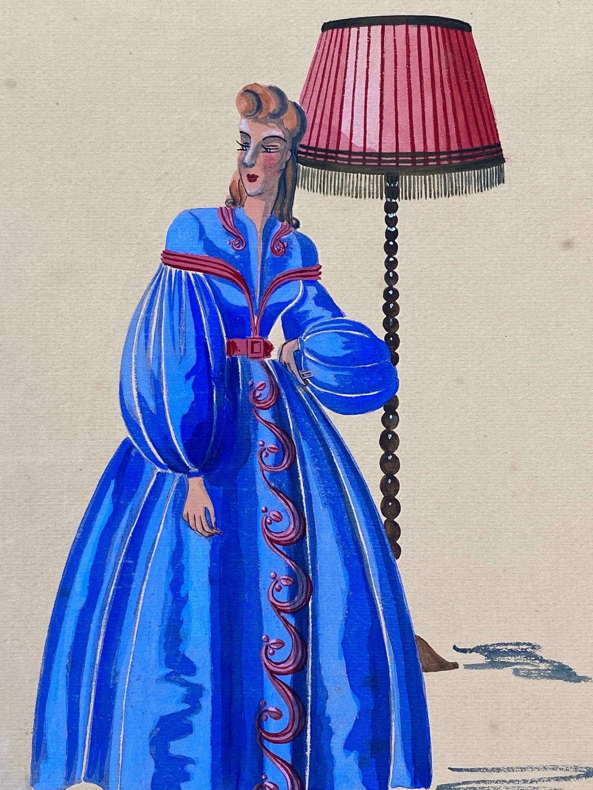 Geneviève Thomas1940's Fashion Illustration   Lady In Bright Blue Puffy Dress, Interior Scenec. 1940's photo furniture