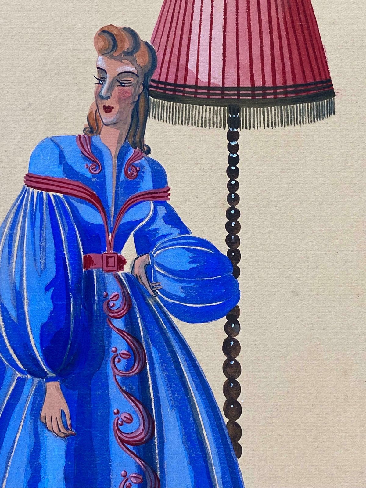 Geneviève Thomas1940's Fashion Illustration   Lady In Bright Blue Puffy Dress, Interior Scenec. 1940's photo 204.0