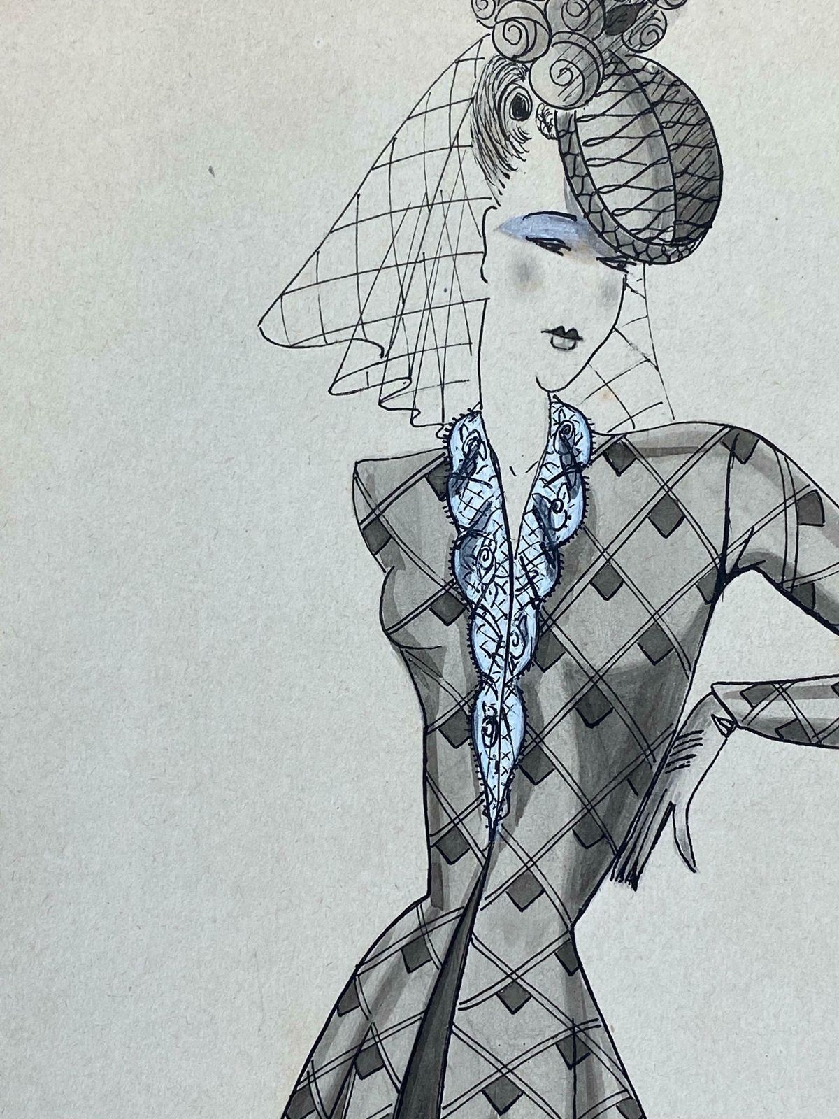 Geneviève Thomas1940's French Fashion Illustration   Chic Lady In Blue Detailed Dressc. 1940's photo 138.0