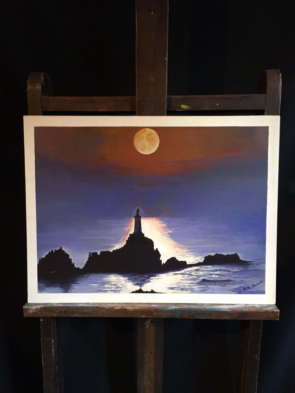 Peter Nicholslighthouse At Night, Silhouette Landscape Large Signed Oil Paintingc. 2009 photo vinterior