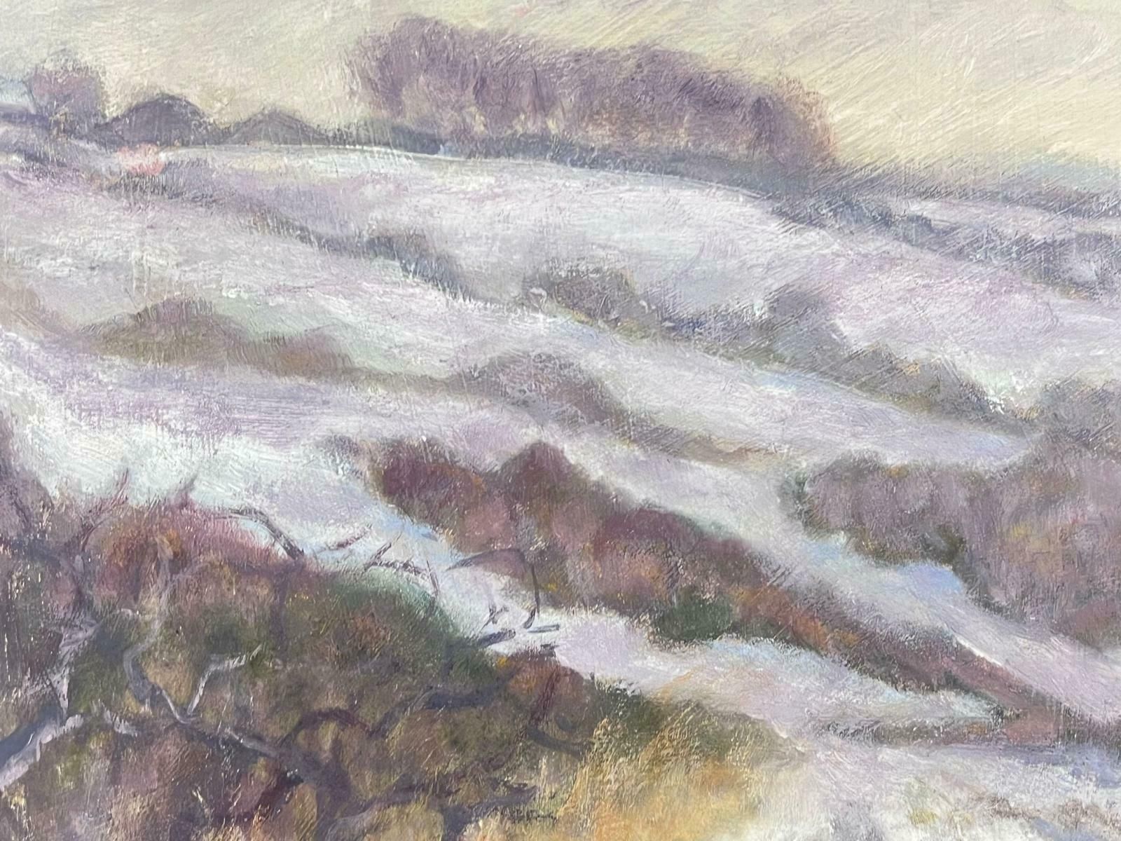 Geza Somerset Paddonpurple Fields Covered In White Snow Contemporary British Modernist Oil Painting photo for sale