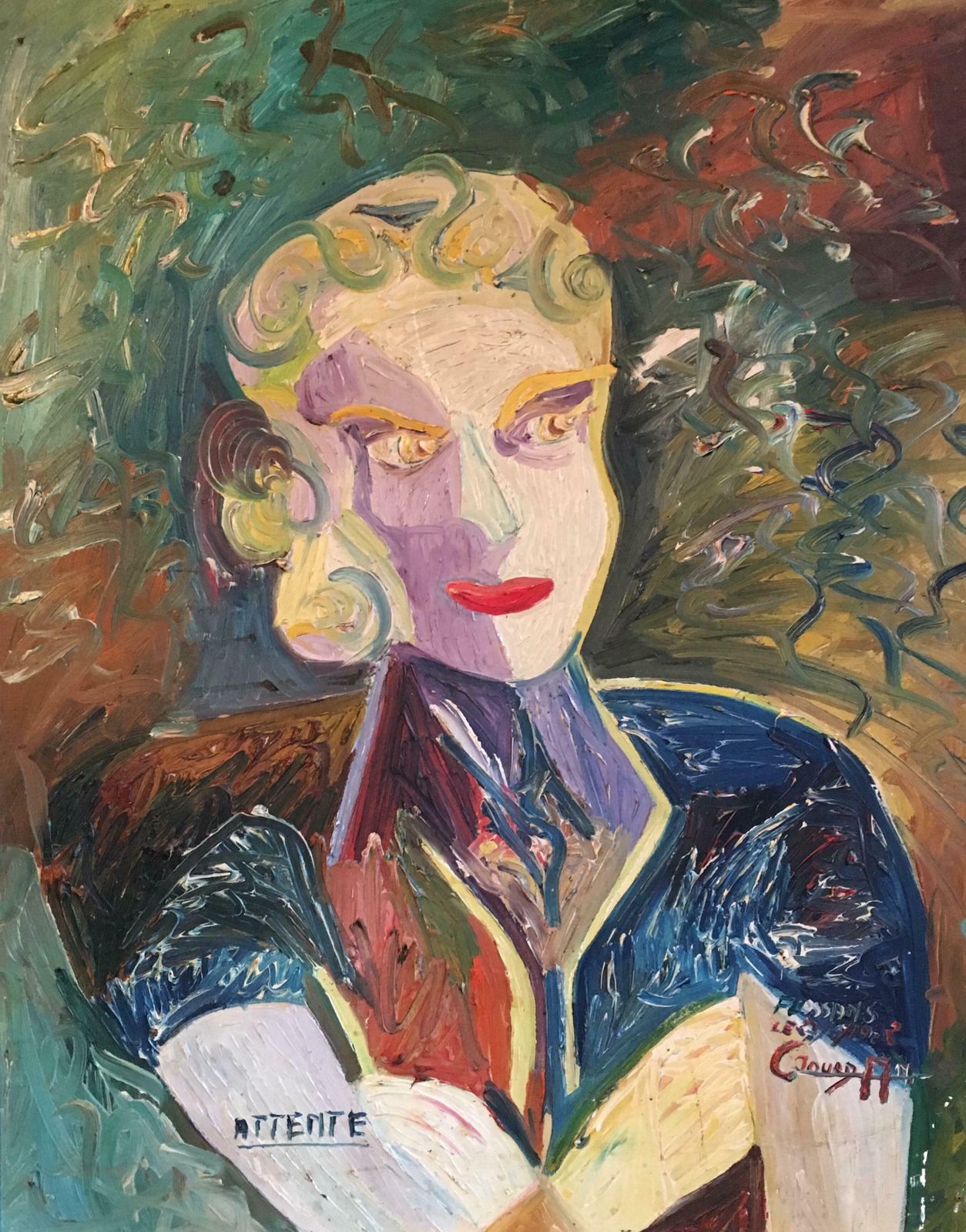 Unknown'attente' 1950's Cubist Abstract Portrait, Oil Painting, Signed1952