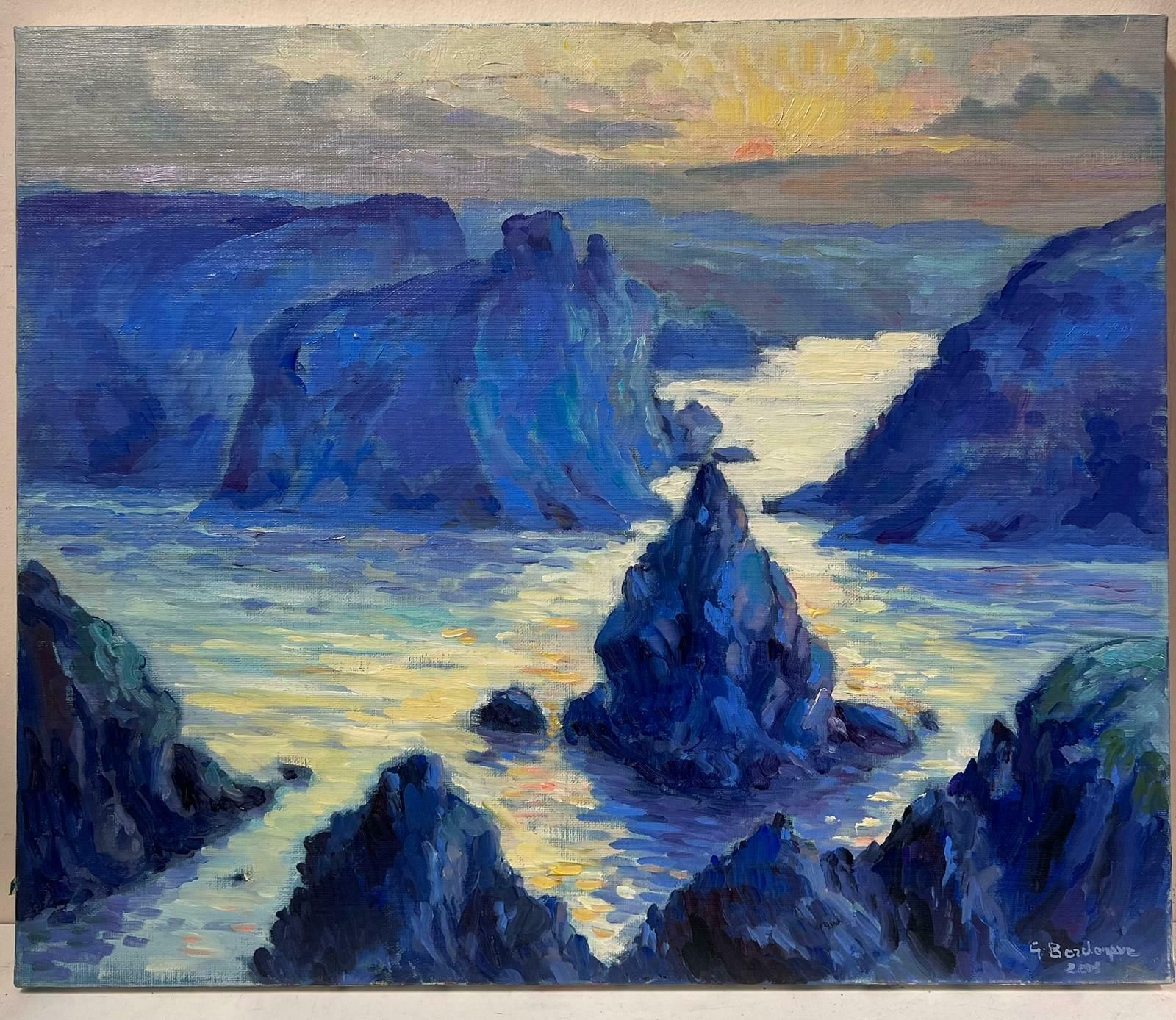 Georges Bordonovecontemporary French Impressionist Oil Sunset Over Coastal Cliffs Rocky Seascape photo furniture