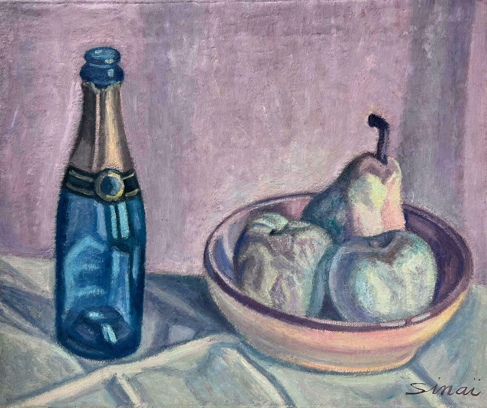 French Schoolfrench Post Impressionist Signed Oil Still Life Champange Bottle And Fruit Bowl