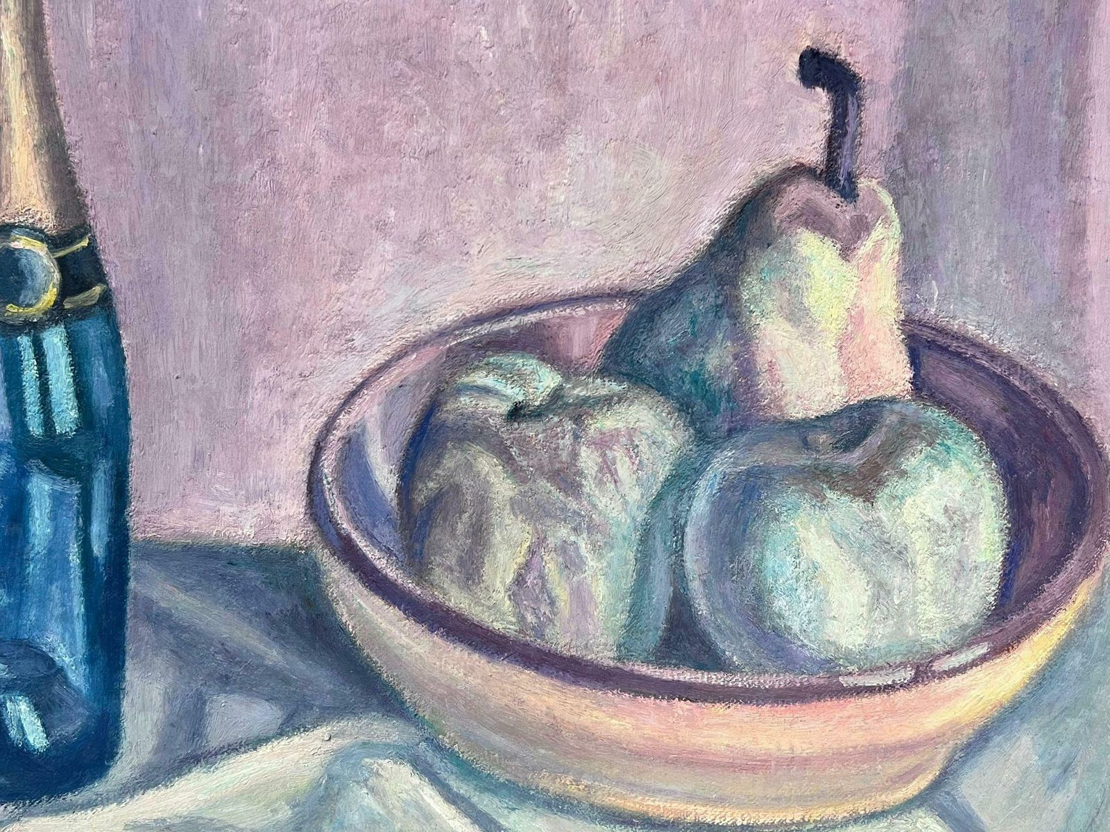 French Schoolfrench Post Impressionist Signed Oil Still Life Champange Bottle And Fruit Bowl photo Art