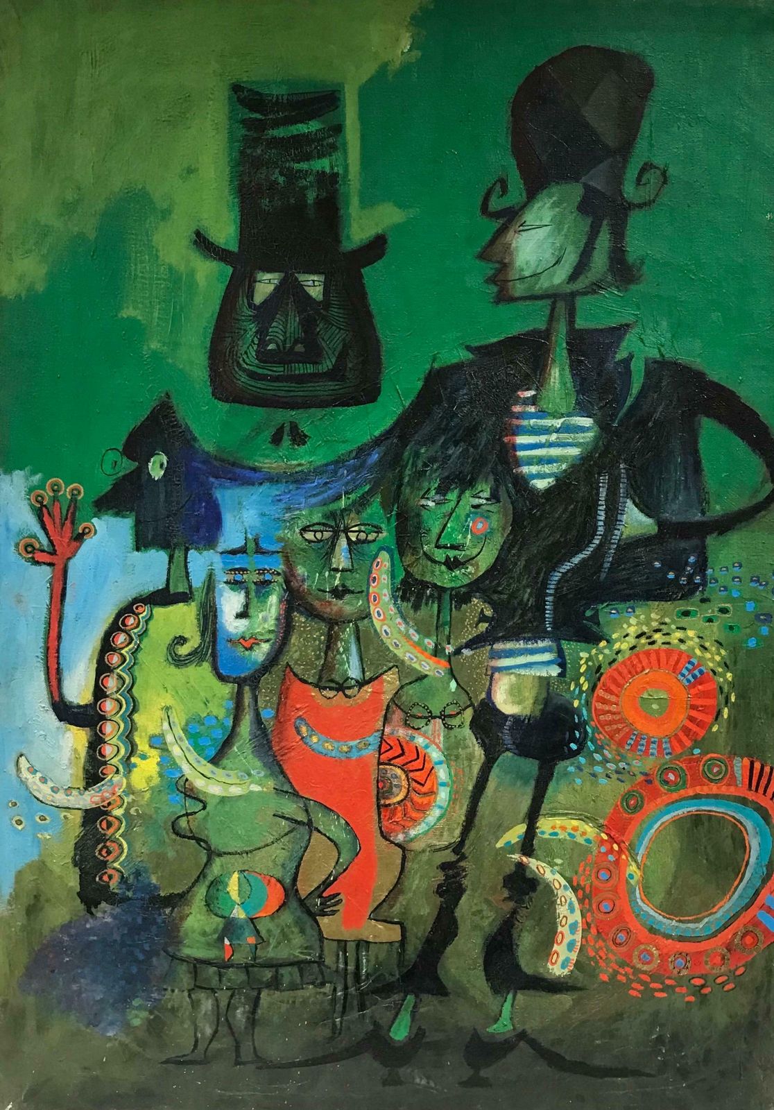 20th Century French School1960's French Modernist Oil Painting Green Background With Bizarre Figures1960's