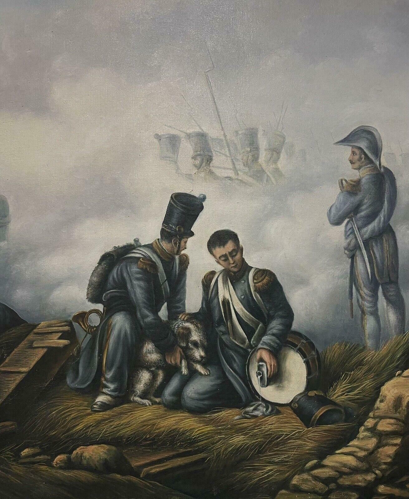French Schoollarge 19th Century French Oil Battlefield Soldiers & Wounded Dog Scene, Waterloo19th Century photo for sale