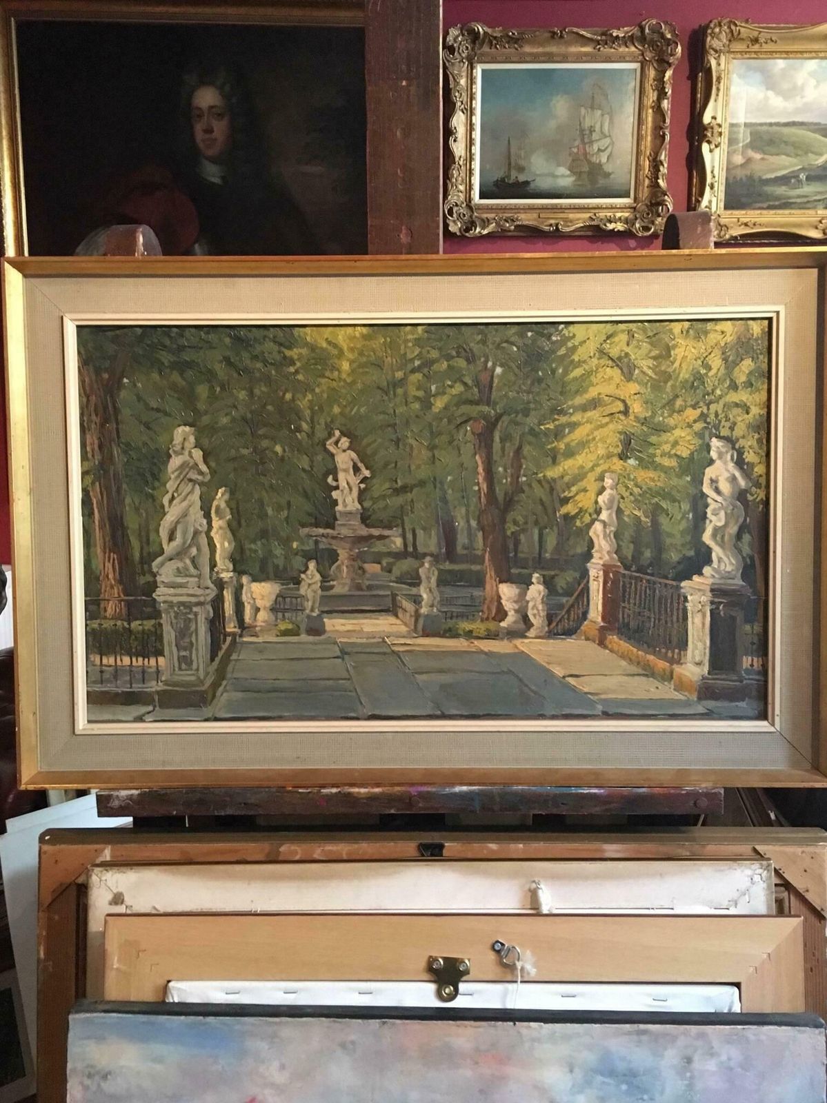 Unknownstatues In Parisian Park, Large French Oilc.1960's photo furniture