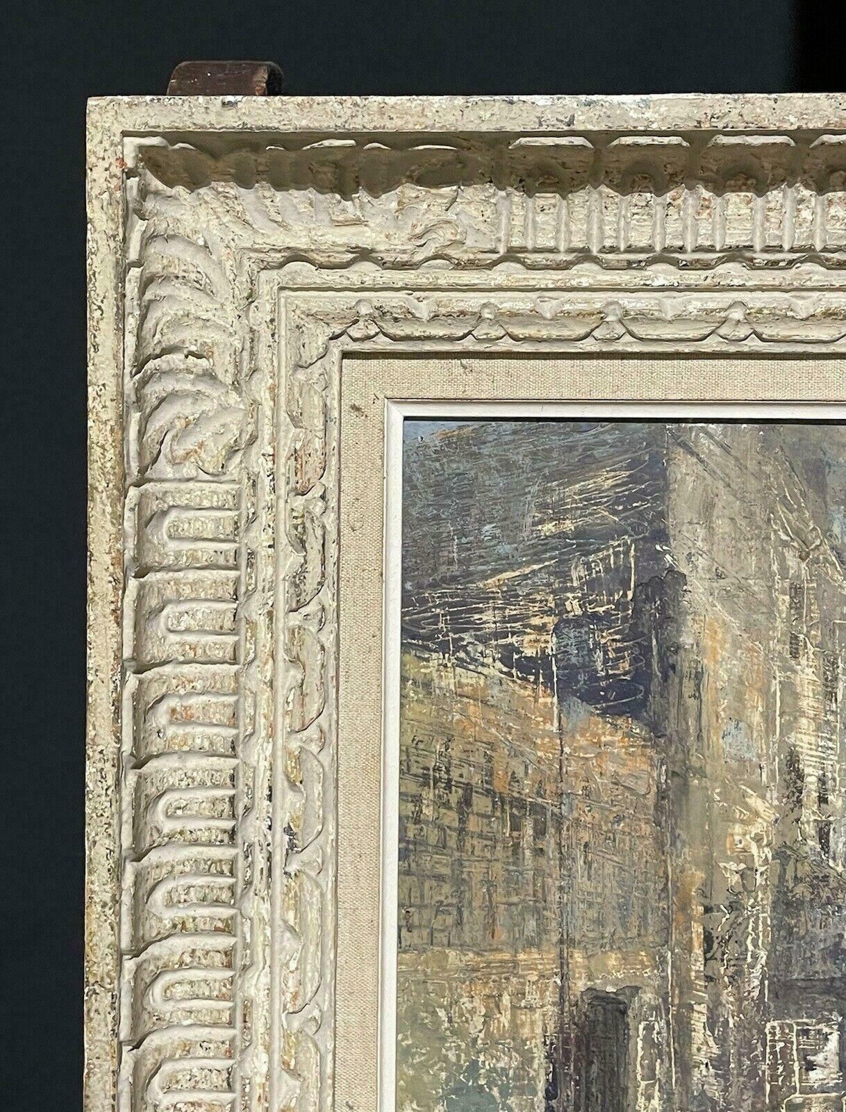 Claudine Riboulet1950's French Modernist Oil Painting   City Street Scene   Carved Wood Framemid Century photo for sale