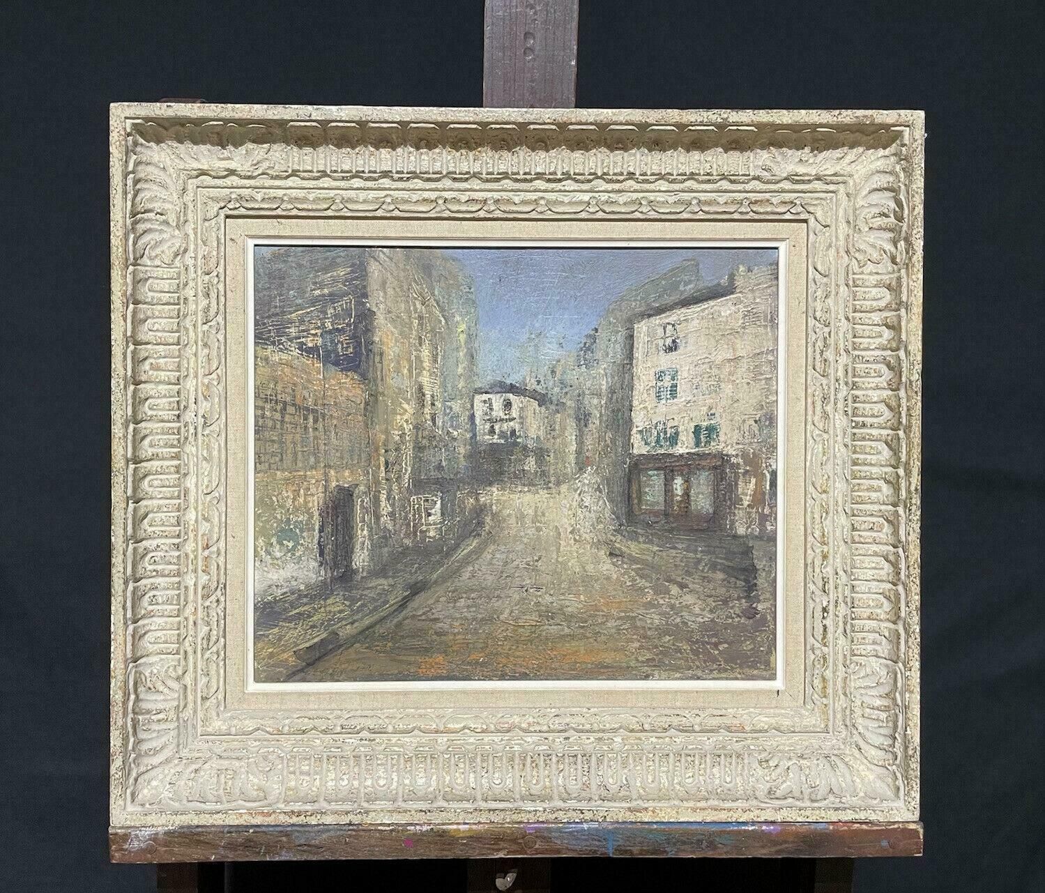 photo for sale Claudine Riboulet1950's French Modernist Oil Painting   City Street Scene   Carved Wood Framemid Century