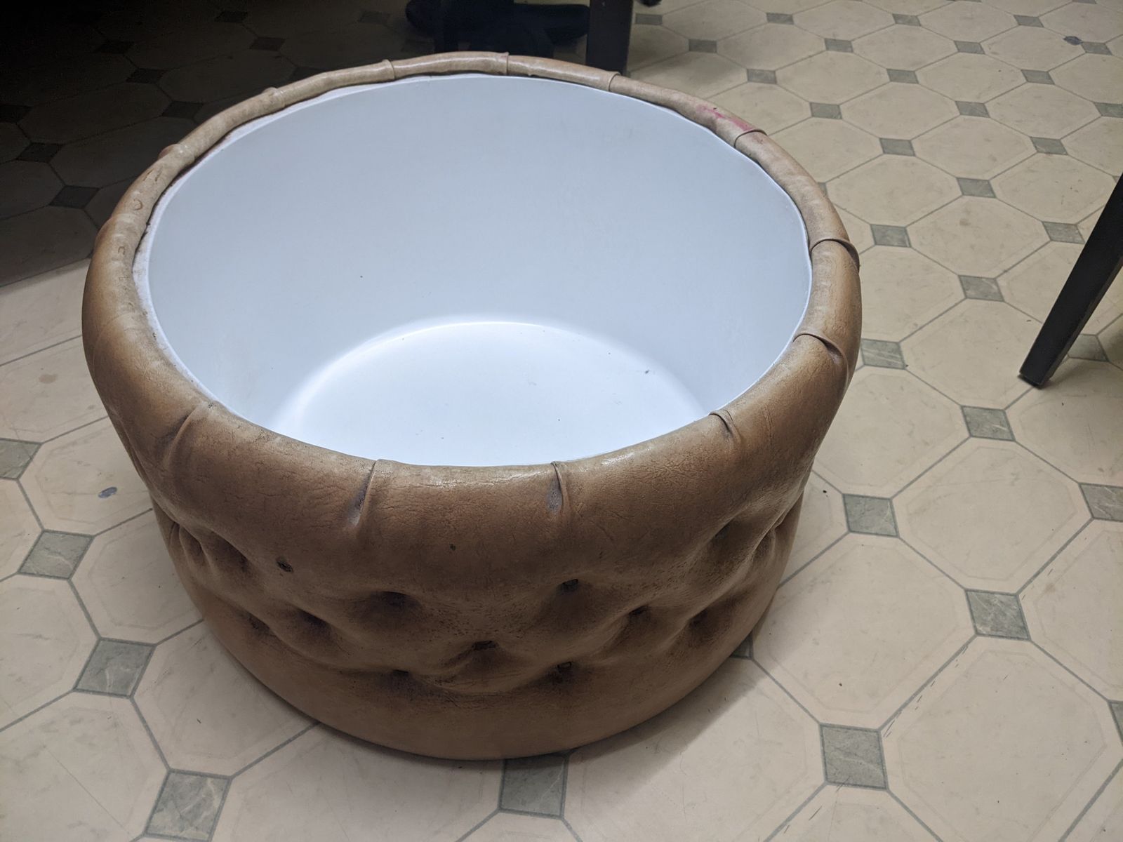 1960s Miss Muffet Tufted Footstool With Storage | Biscuit Brown Faux Leather photo furniture