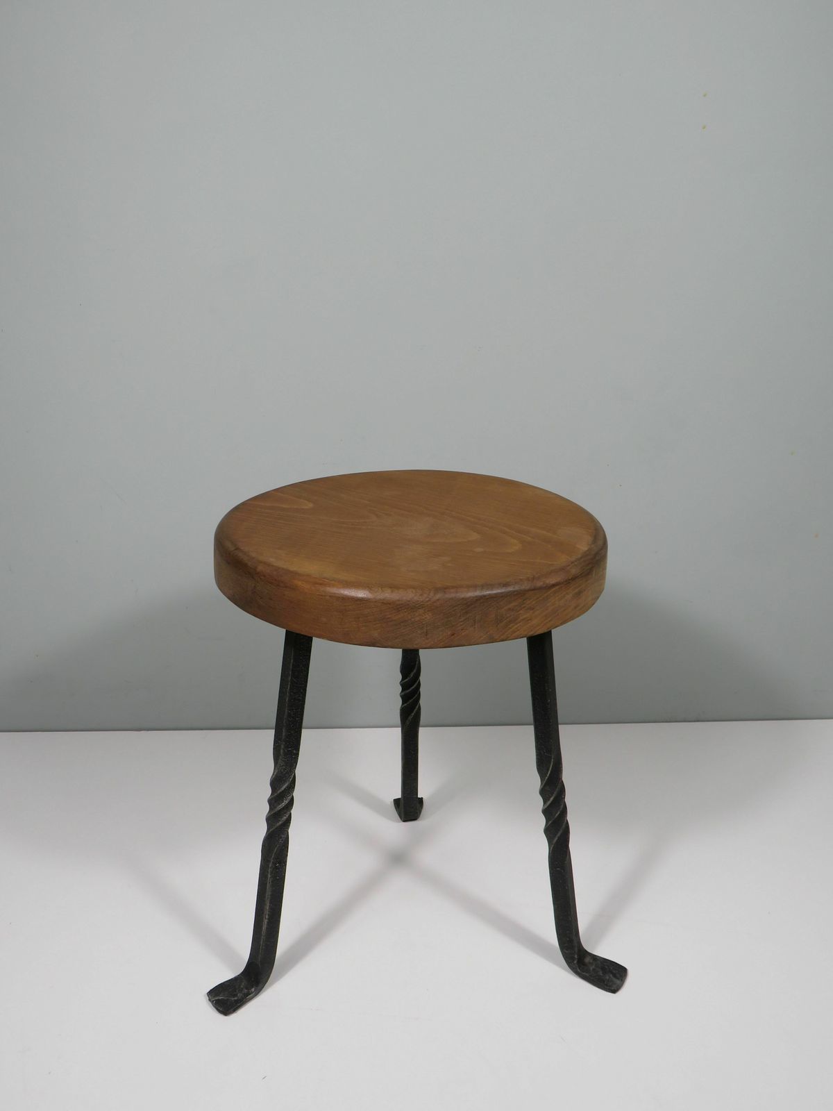 3 Legged Stool With Thick Oak Seat And Wrought Iron Base, France1960 photo vintage