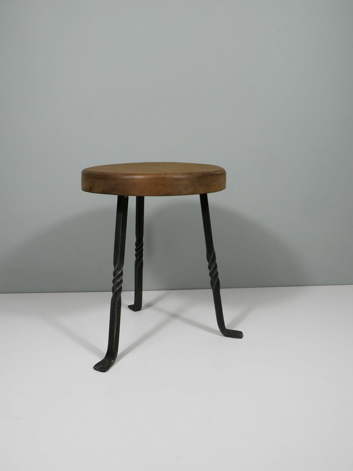 photo furniture 3 Legged Stool With Thick Oak Seat And Wrought Iron Base, France1960