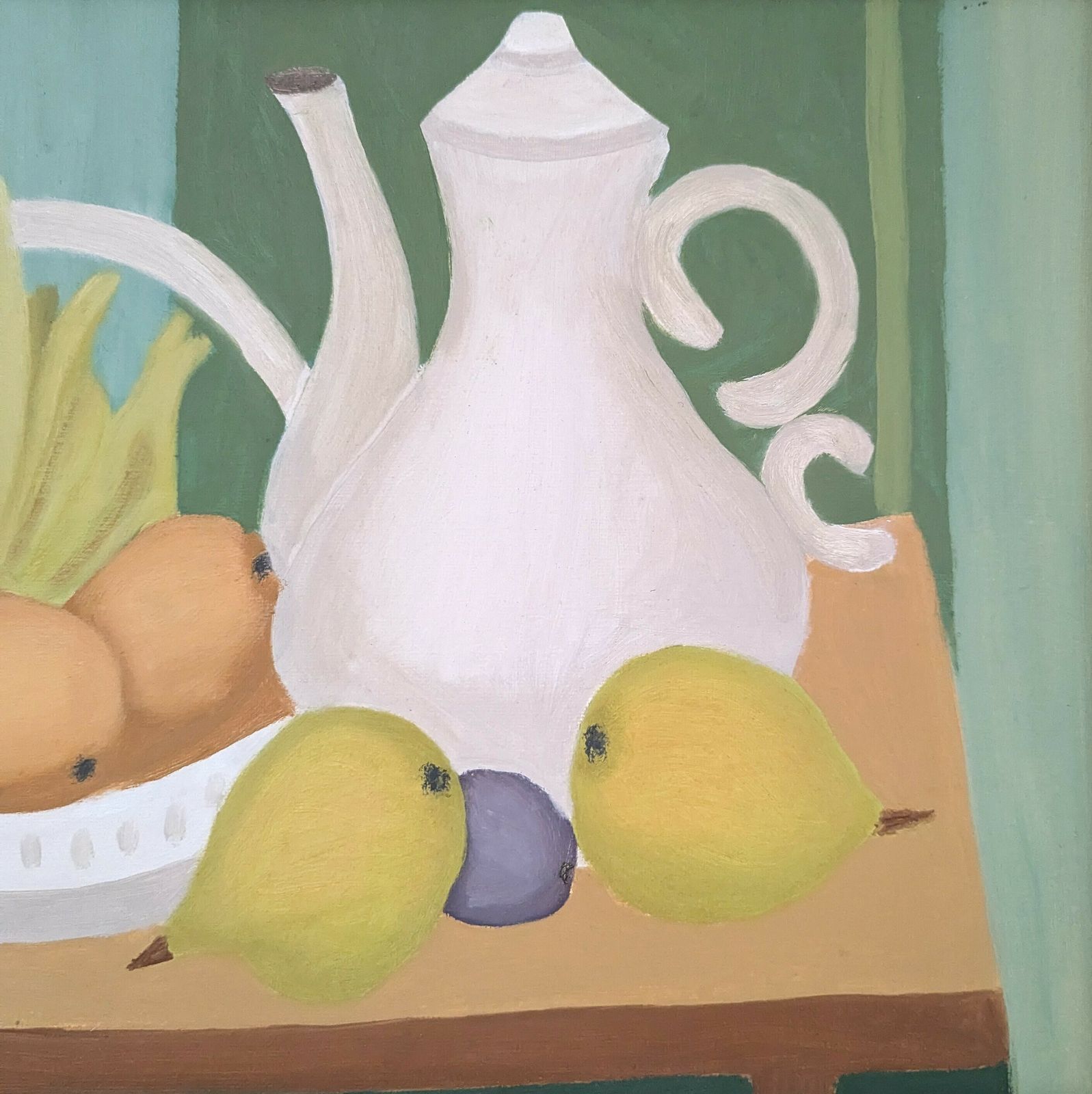 Teapot And Fruits Oil Painting photo vintage