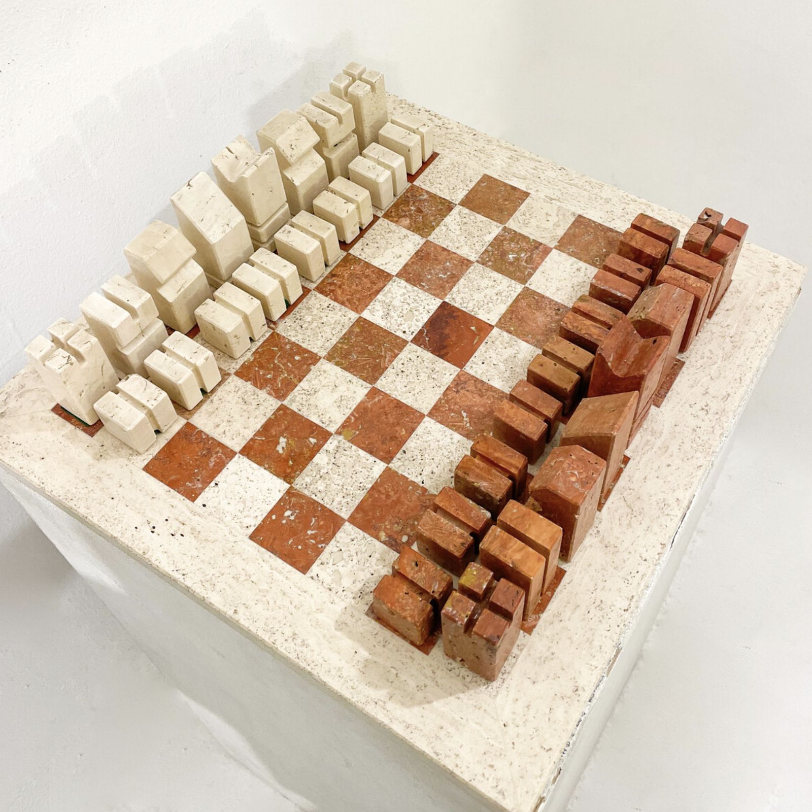 Chess Game In Two Colored Travertine, Angelo Mangiarotti, Italy, 1970