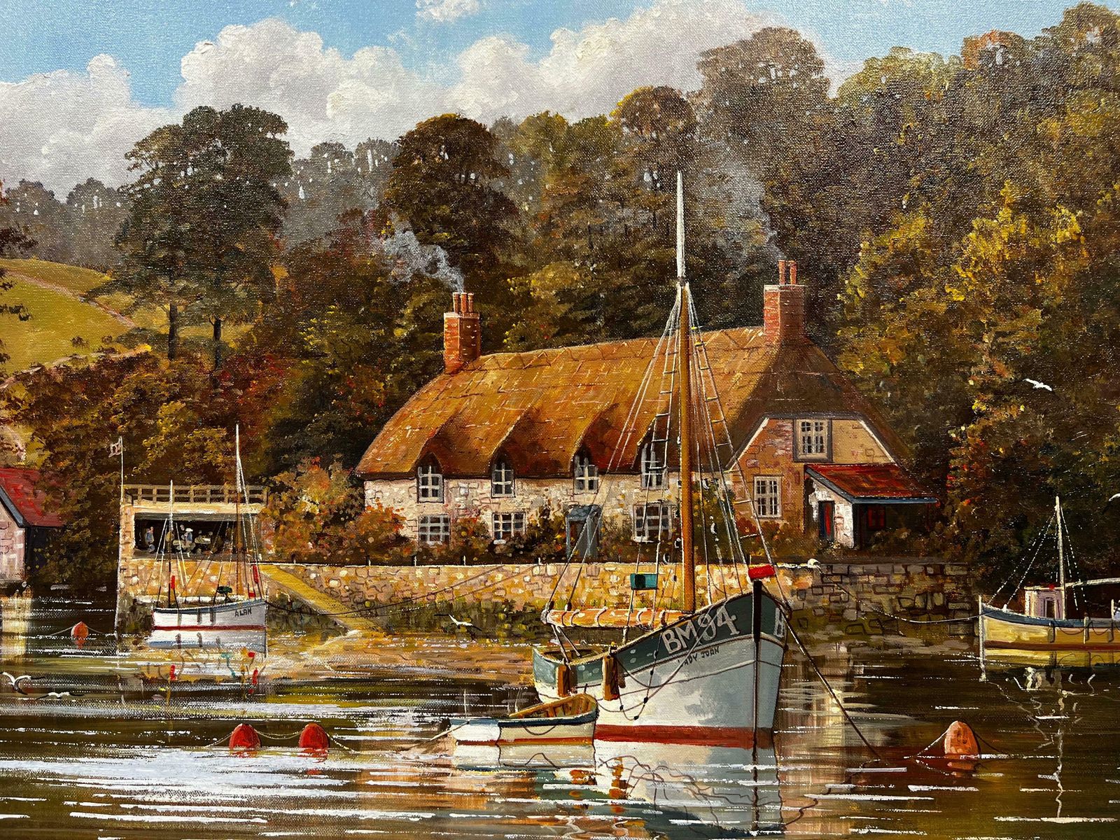 Gordon Allen Original English Oil Painting Boats Moored By Old River Tavern Tranquil Scene photo Art
