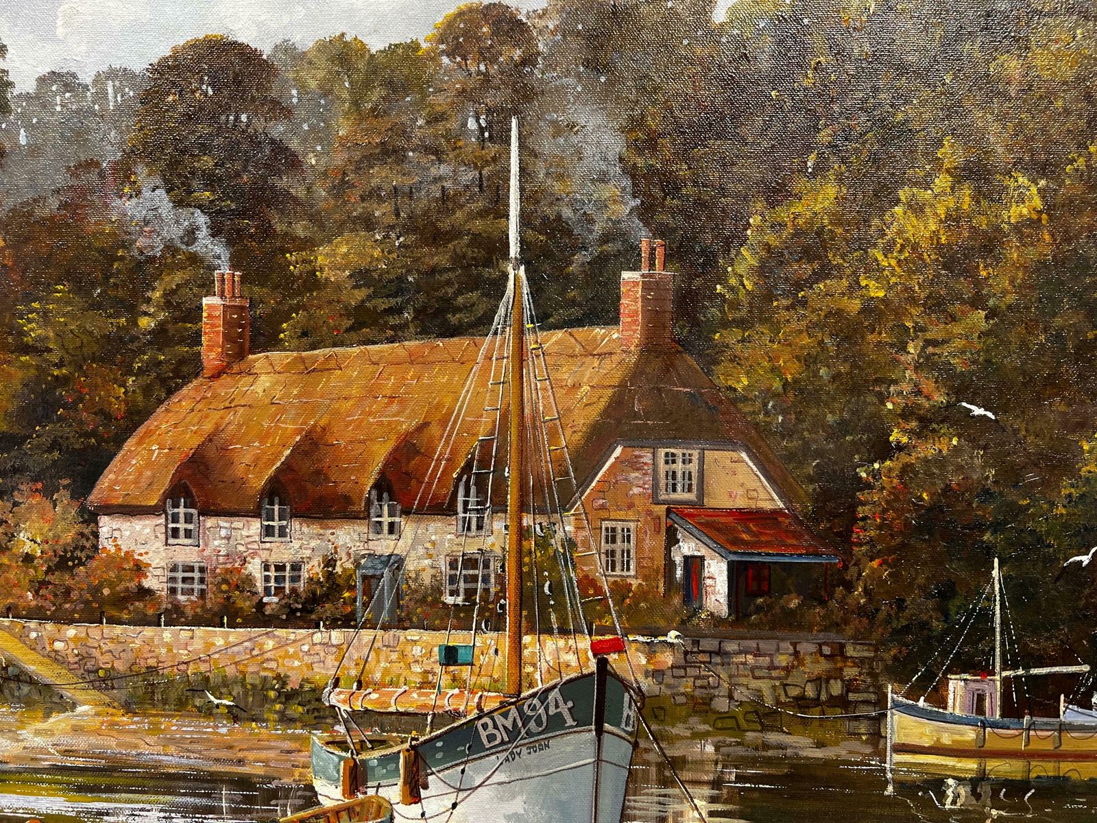 Gordon Allen Original English Oil Painting Boats Moored By Old River Tavern Tranquil Scene photo 1300.0