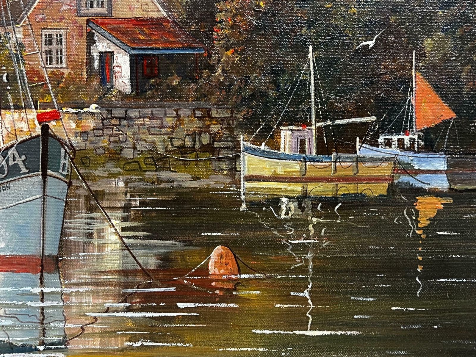 Gordon Allen Original English Oil Painting Boats Moored By Old River Tavern Tranquil Scene photo buy