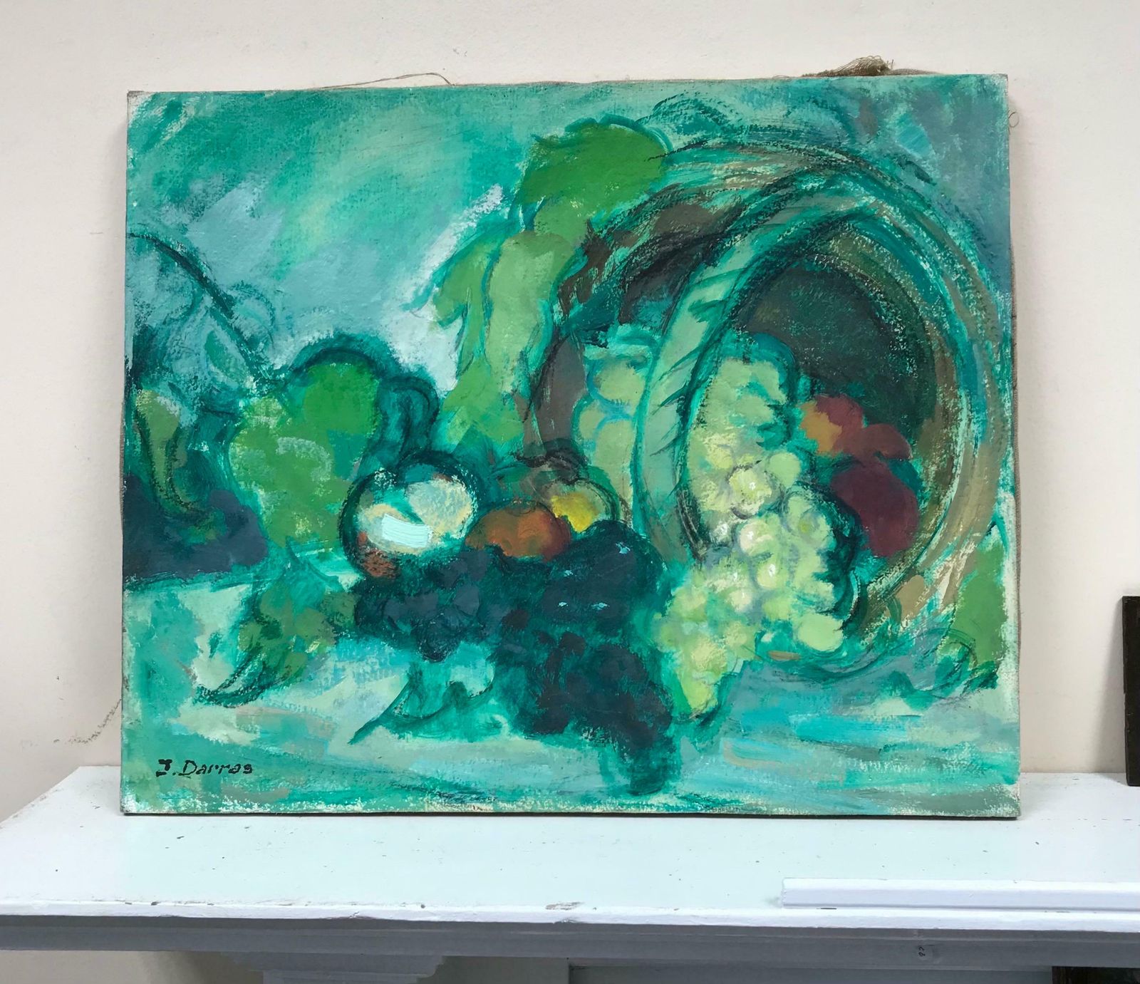 French Post Impressionist Signed Vintage French Post Impressionist Oil Grapes & Fruit   Amazing Greens photo furniture