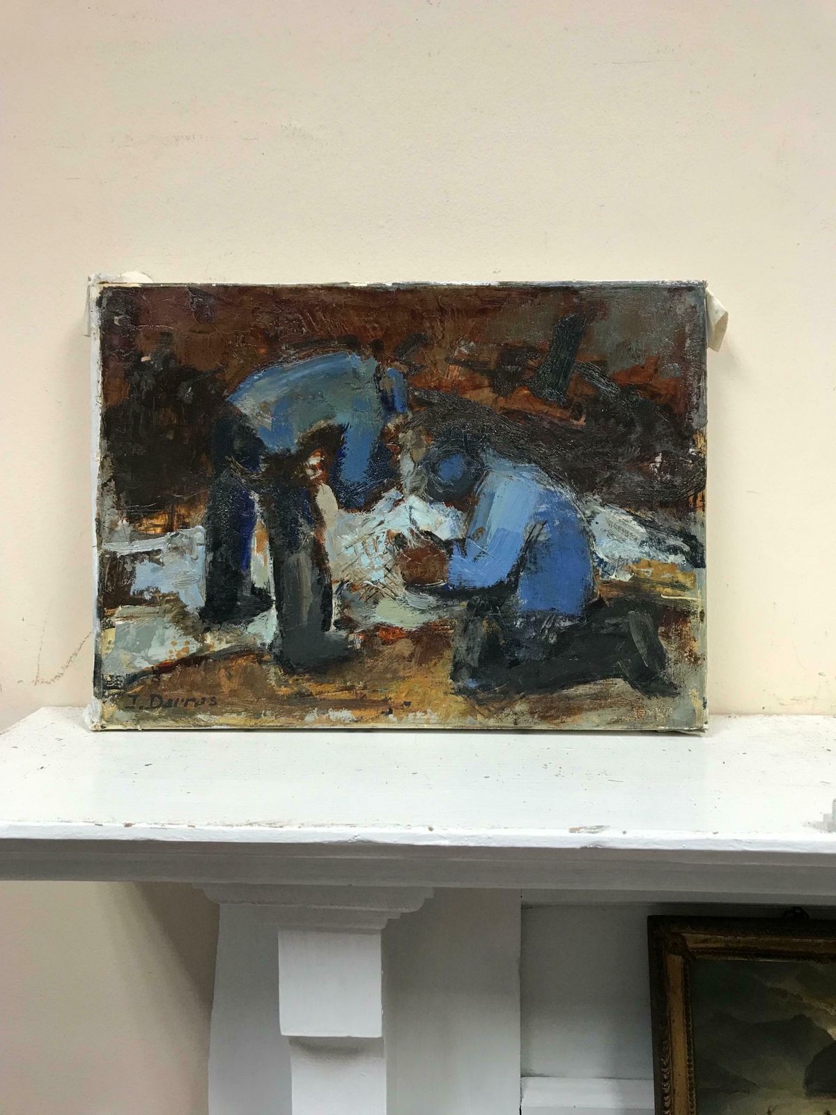 J. Darras French 20th Century Modernist Signed Oil Men In Blue Jackets Working photo furniture