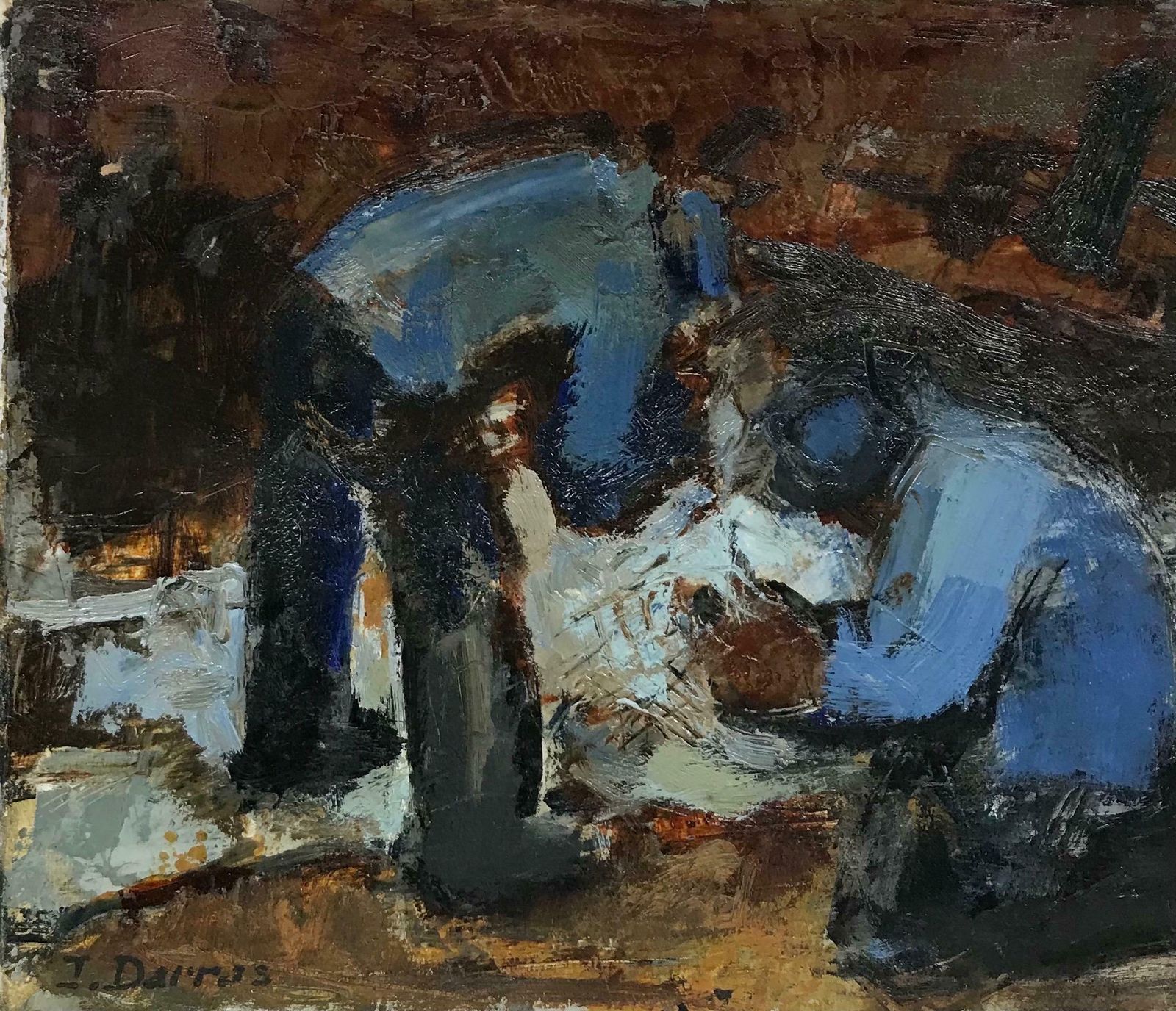 J. Darras French 20th Century Modernist Signed Oil Men In Blue Jackets Working photo Art