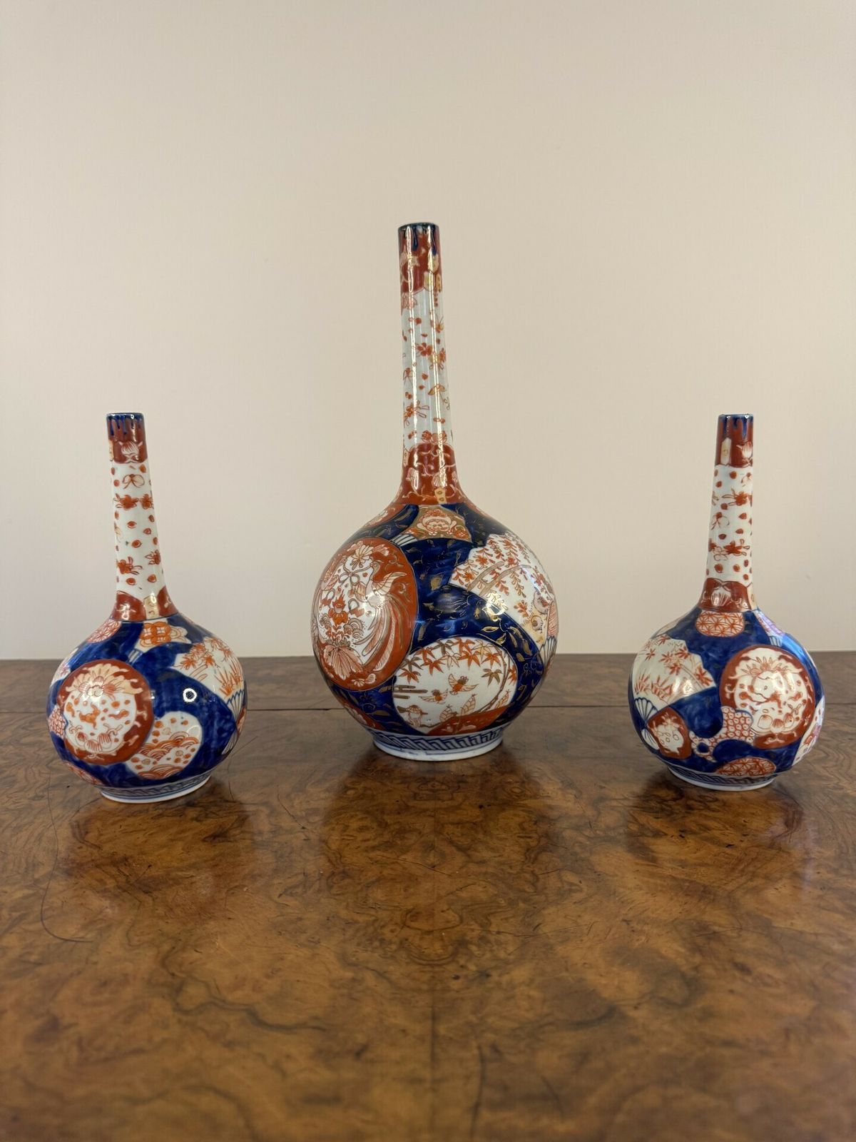 Outstanding Quality Garniture Of Three Japanese Imari Shaped Vases photo for sale