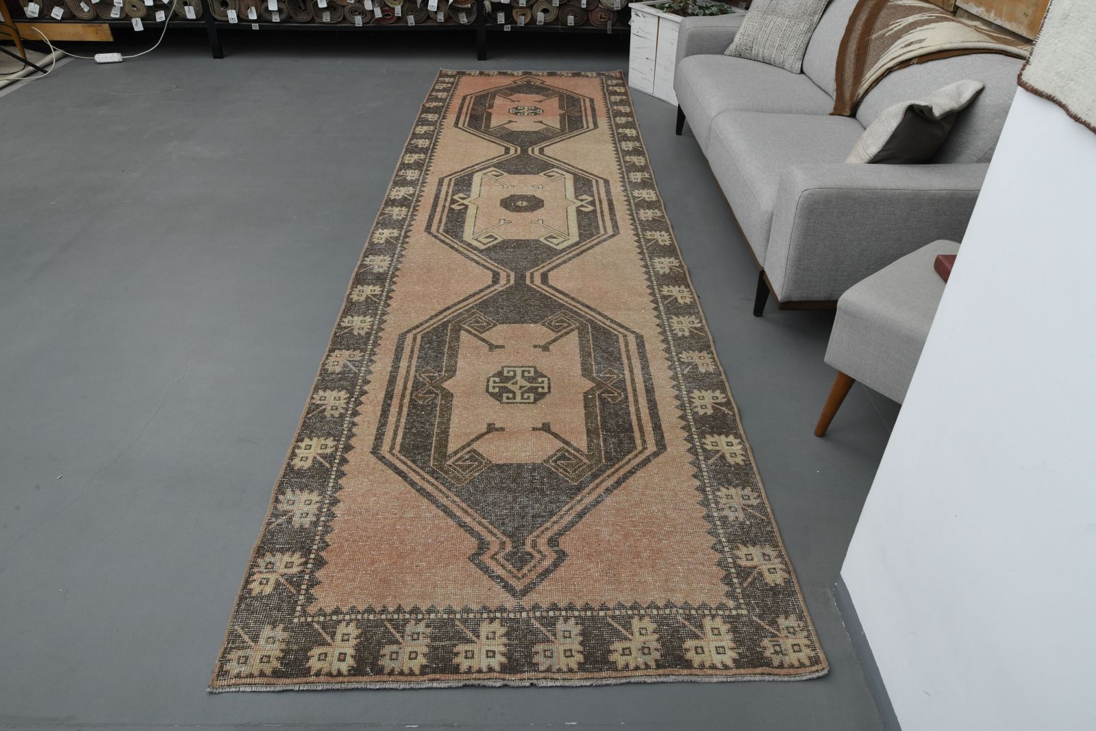 photo furniture 121x431 Cm Vintage Oushak Turkish Runner, Hanmade Wool Rug, Hallway Rugs, Kitchen Runners, Orange Brown Carpet
