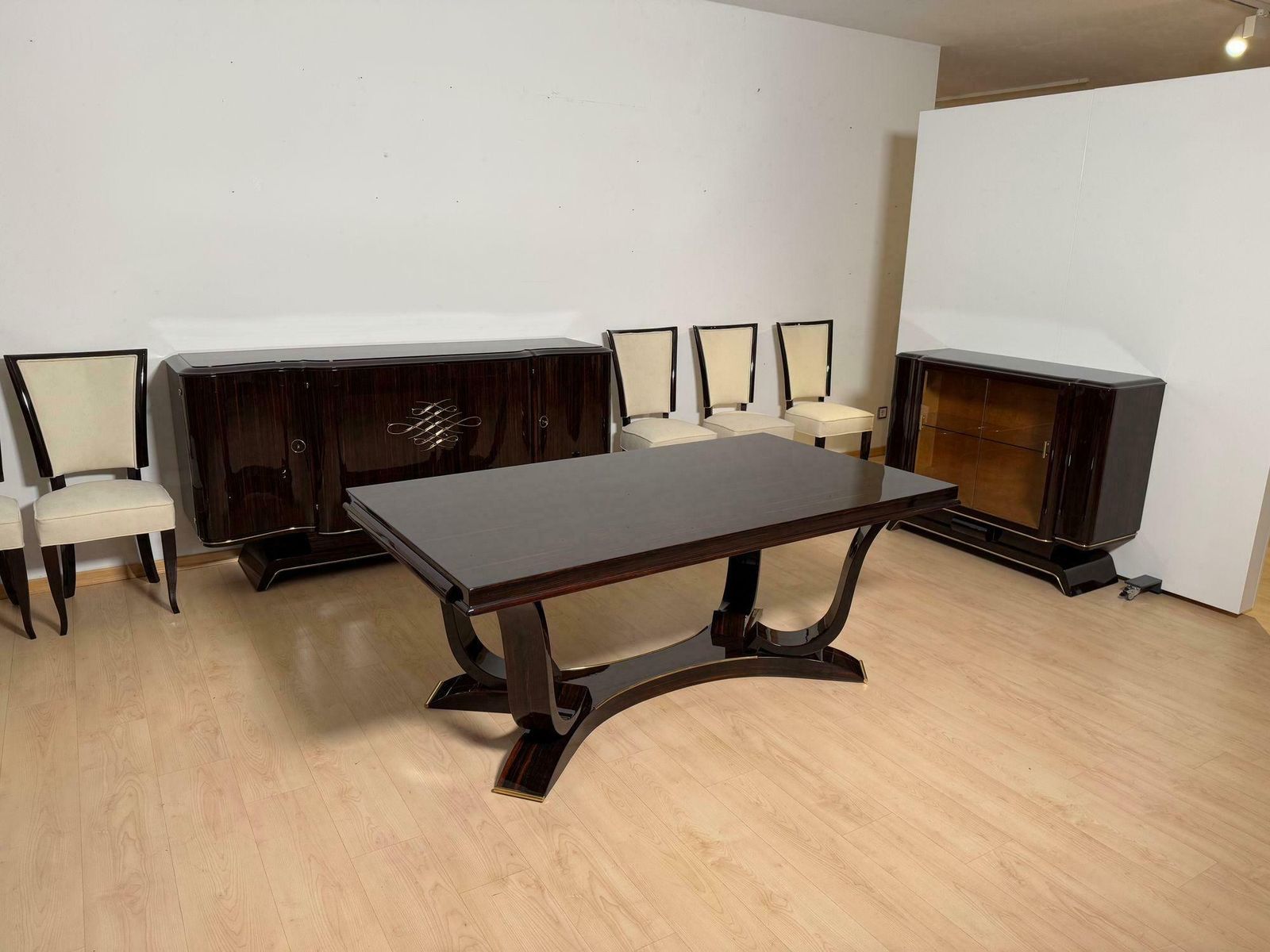 photo furniture Art Deco Dining Table With 10 Chairs, Macassar Ebony, Brass, Paris Circa 1930