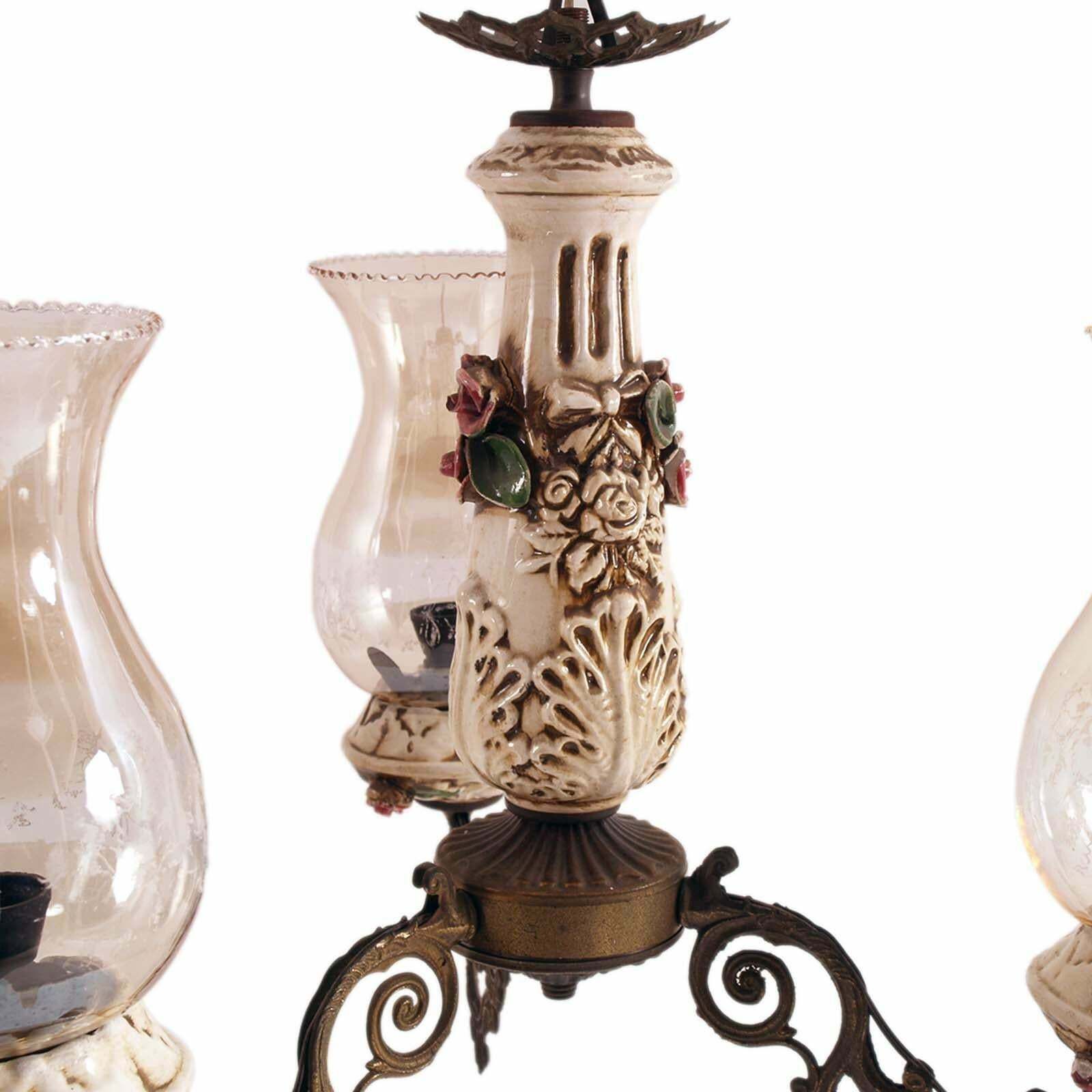 Florentine Richard Ginori Pendant Chandelier, Bronze, Porcelain , Murano Glass photo for sale