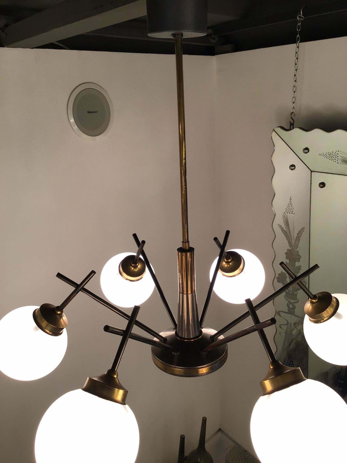 Stilnovo Chandelier 6 Light Brass Metal Opaline Glass, 1955, Italy photo furniture