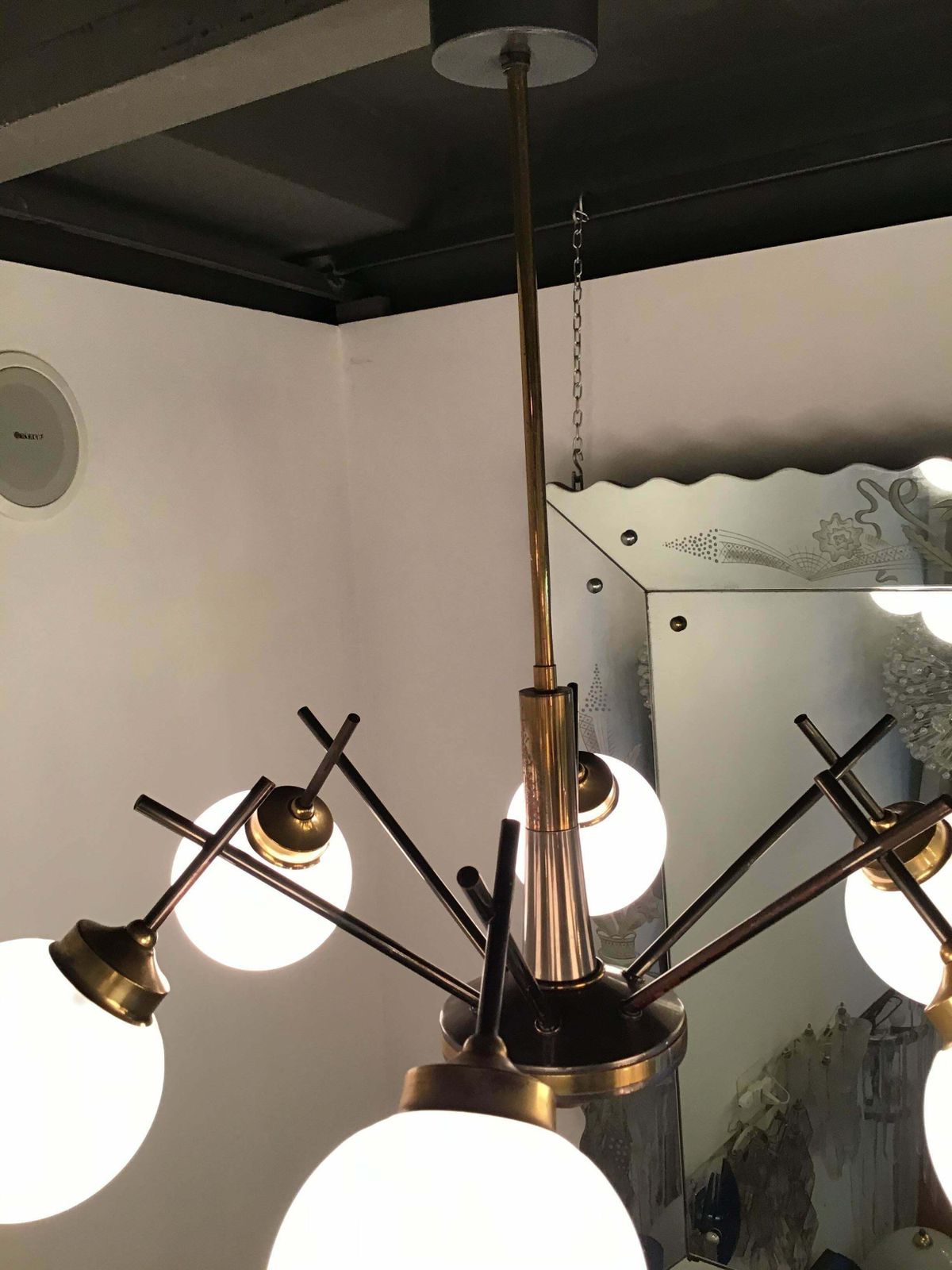 Stilnovo Chandelier 6 Light Brass Metal Opaline Glass, 1955, Italy photo for sale