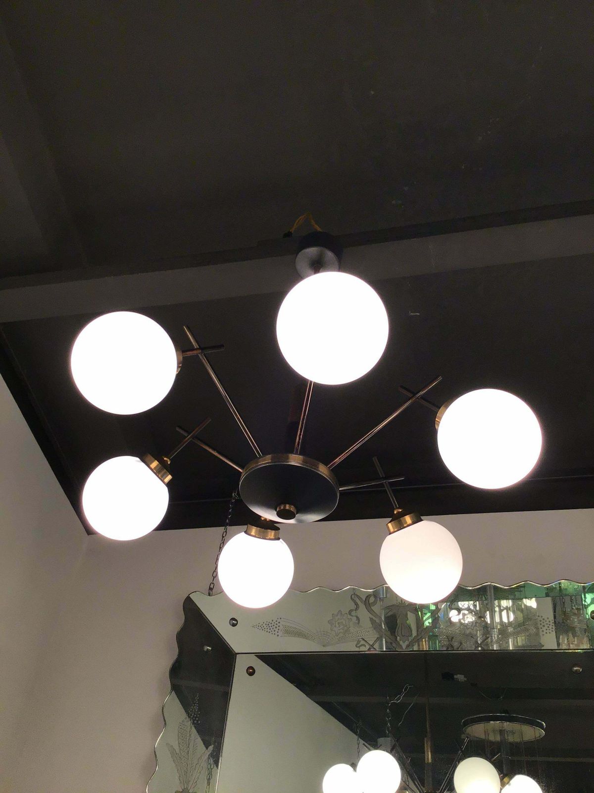 Stilnovo Chandelier 6 Light Brass Metal Opaline Glass, 1955, Italy photo 3746.0